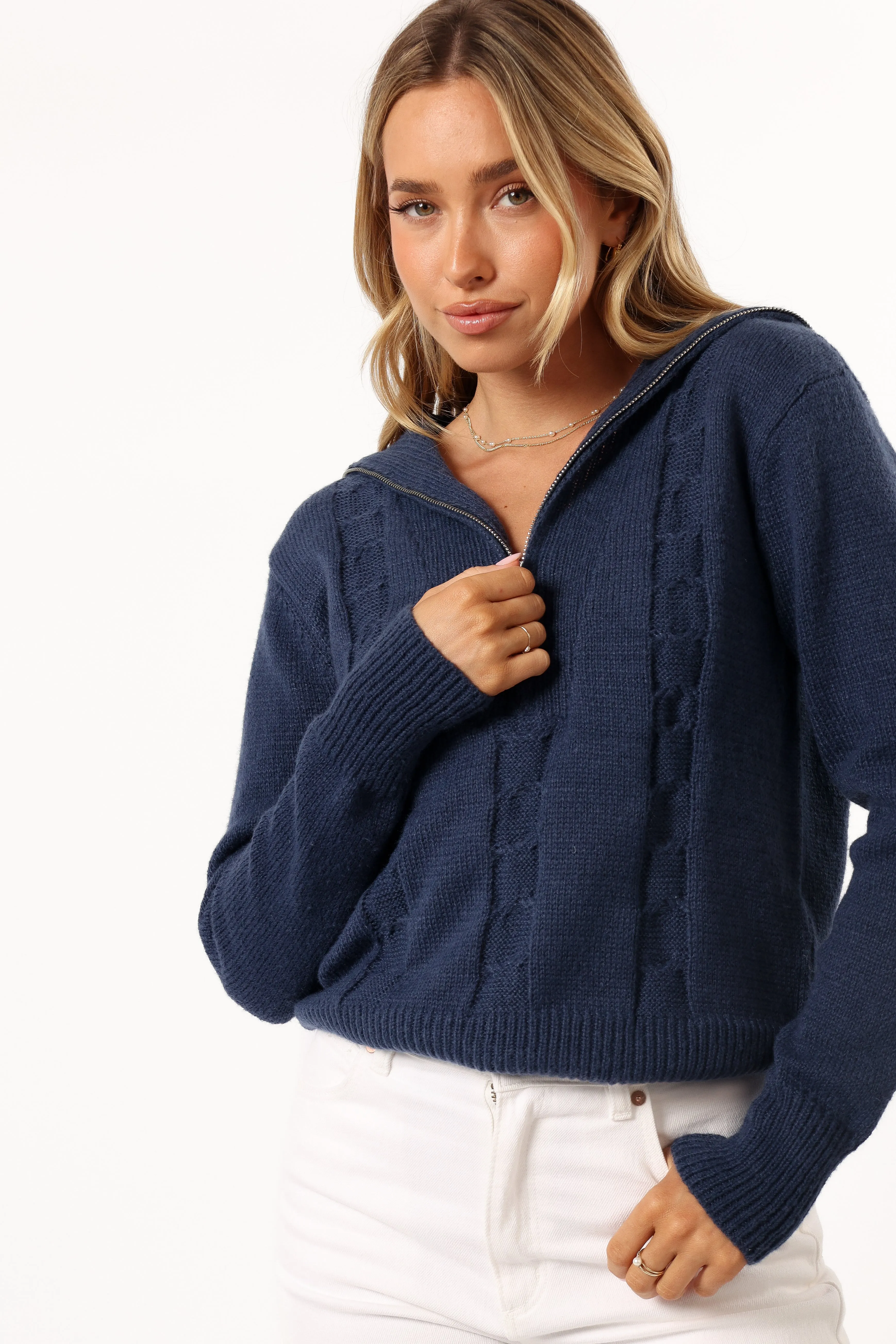 Viara Quarter Zip Knit Sweater - Navy sold by Petal & Pup product image thumbnail 2