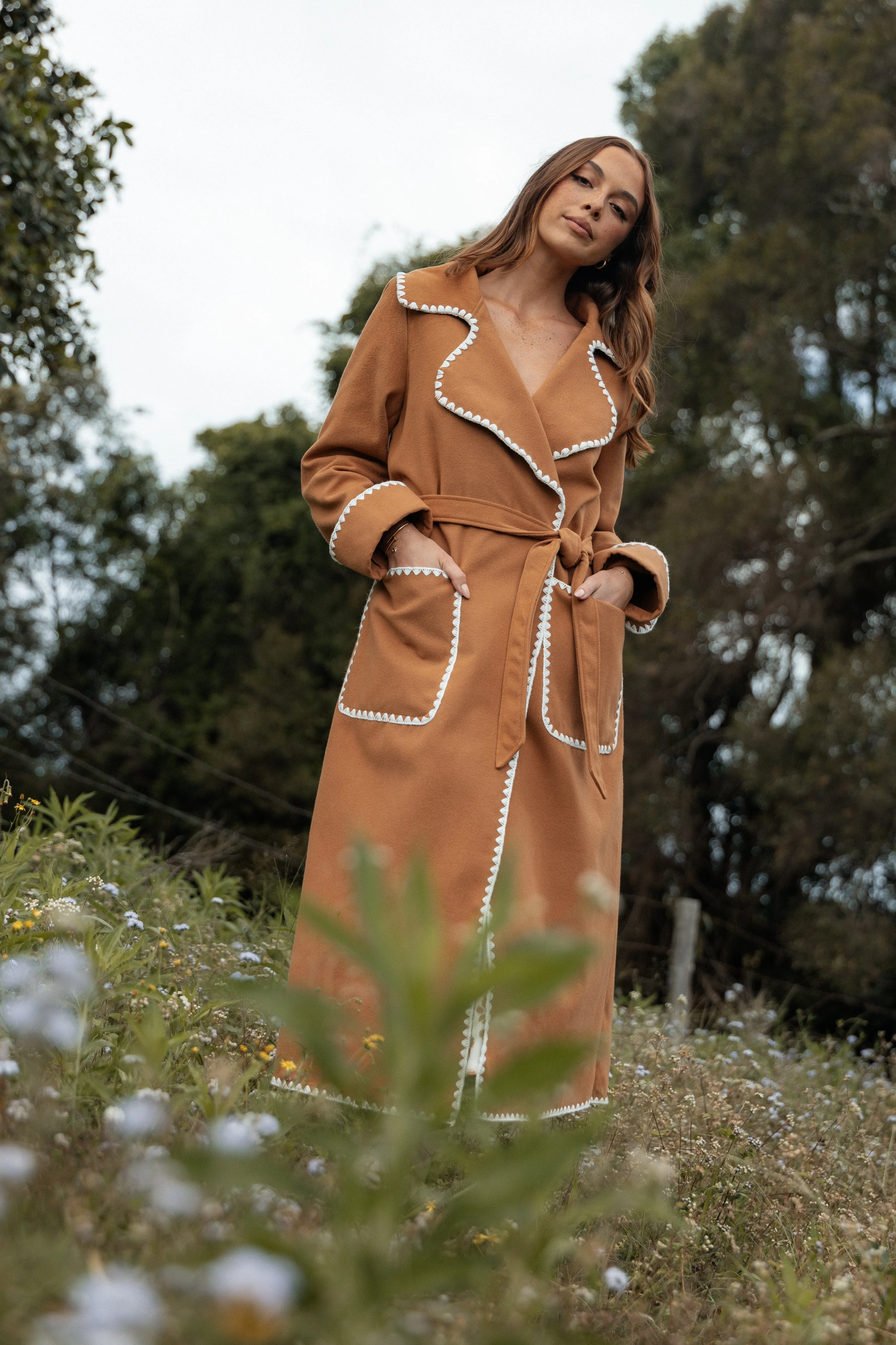 Brexley Contrast Hem Coat - Tan sold by Petal & Pup