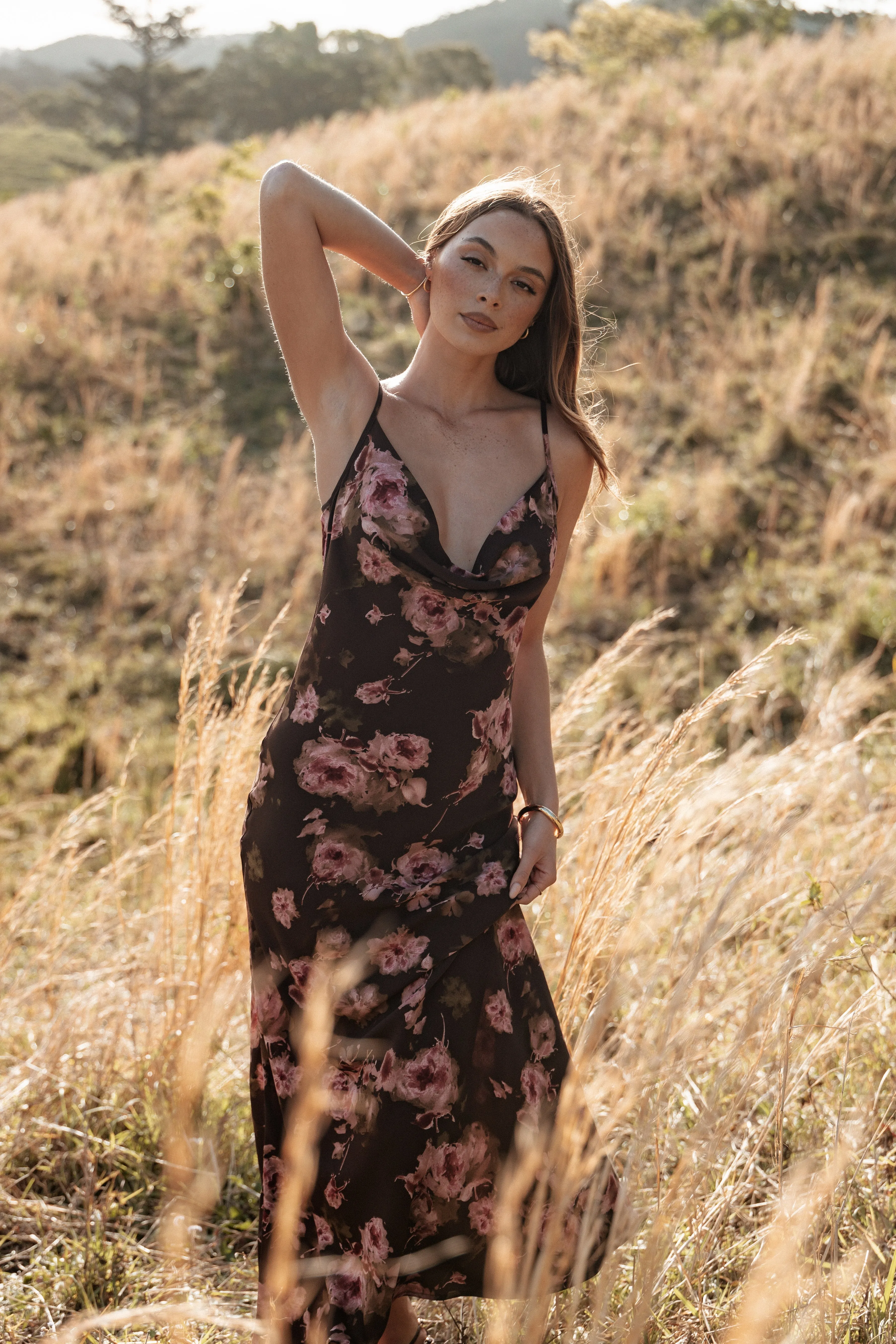 Enya Maxi Dress - Chocolate Floral sold by Petal & Pup