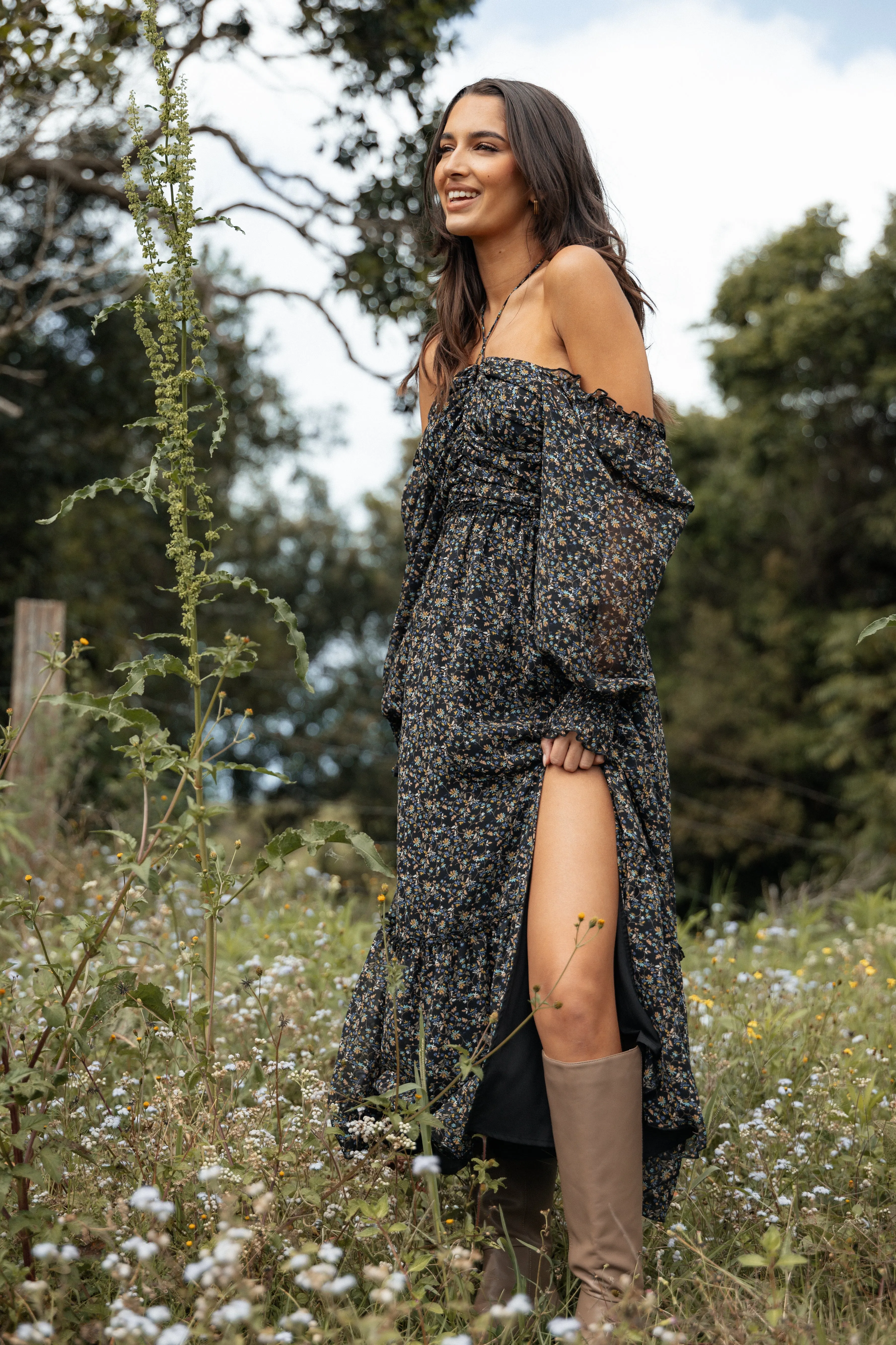 Keziah Long Sleeve Maxi Dress - Navy Ditsy Floral sold by Petal & Pup