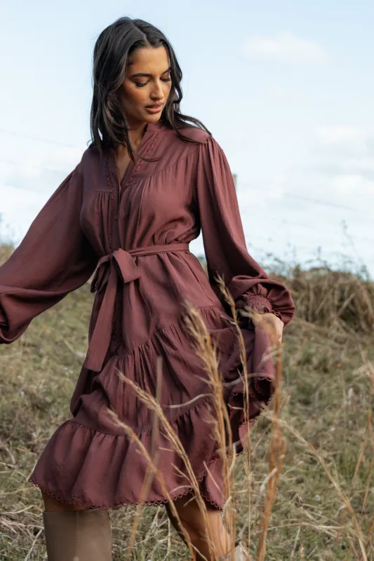 Pierce Long Sleeve Mini Dress - Dark Wine sold by Petal & Pup