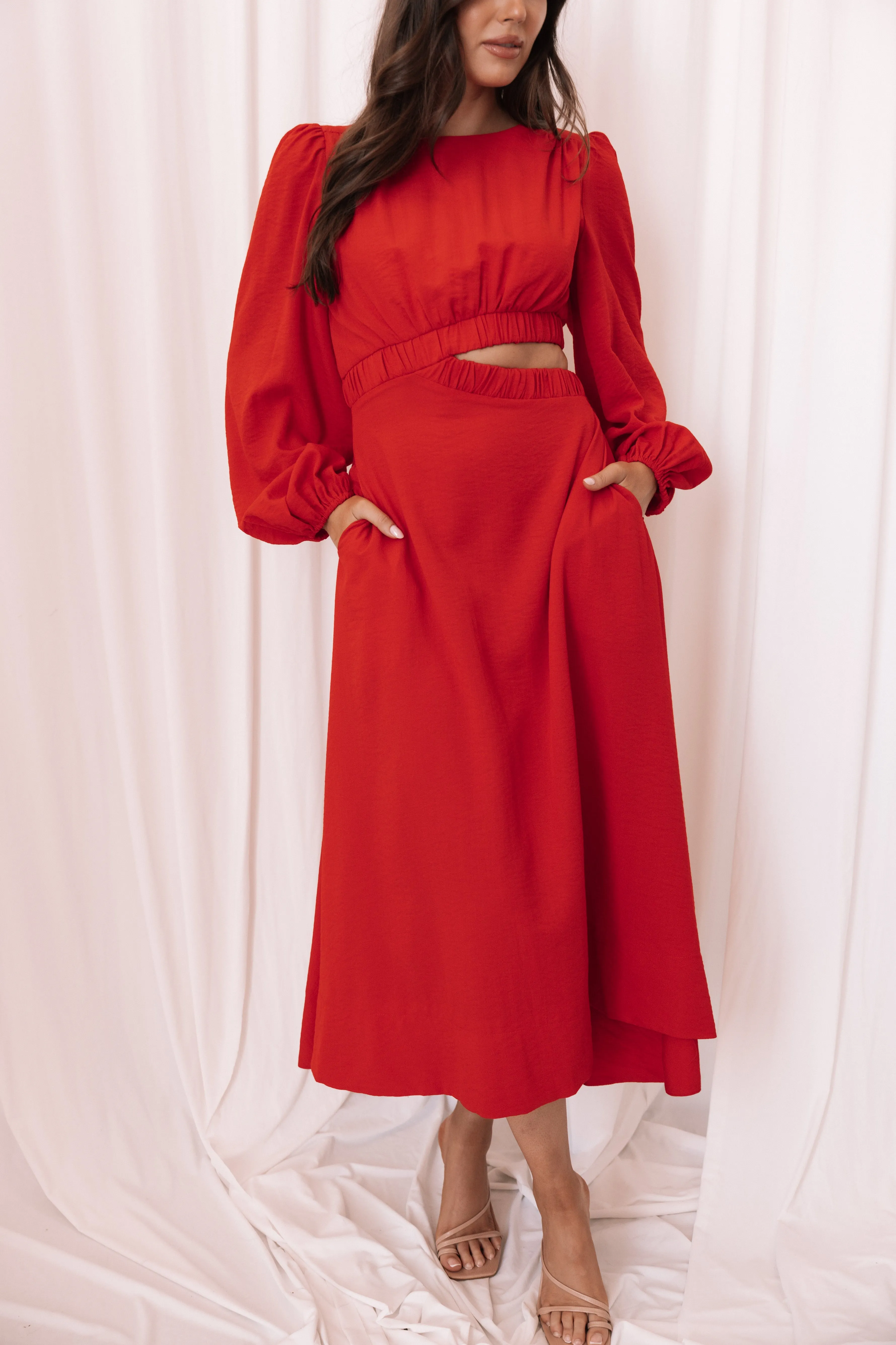 Ginnee Puff Sleeve Cutout Midi Dress - Red sold by Petal & Pup product image thumbnail 2