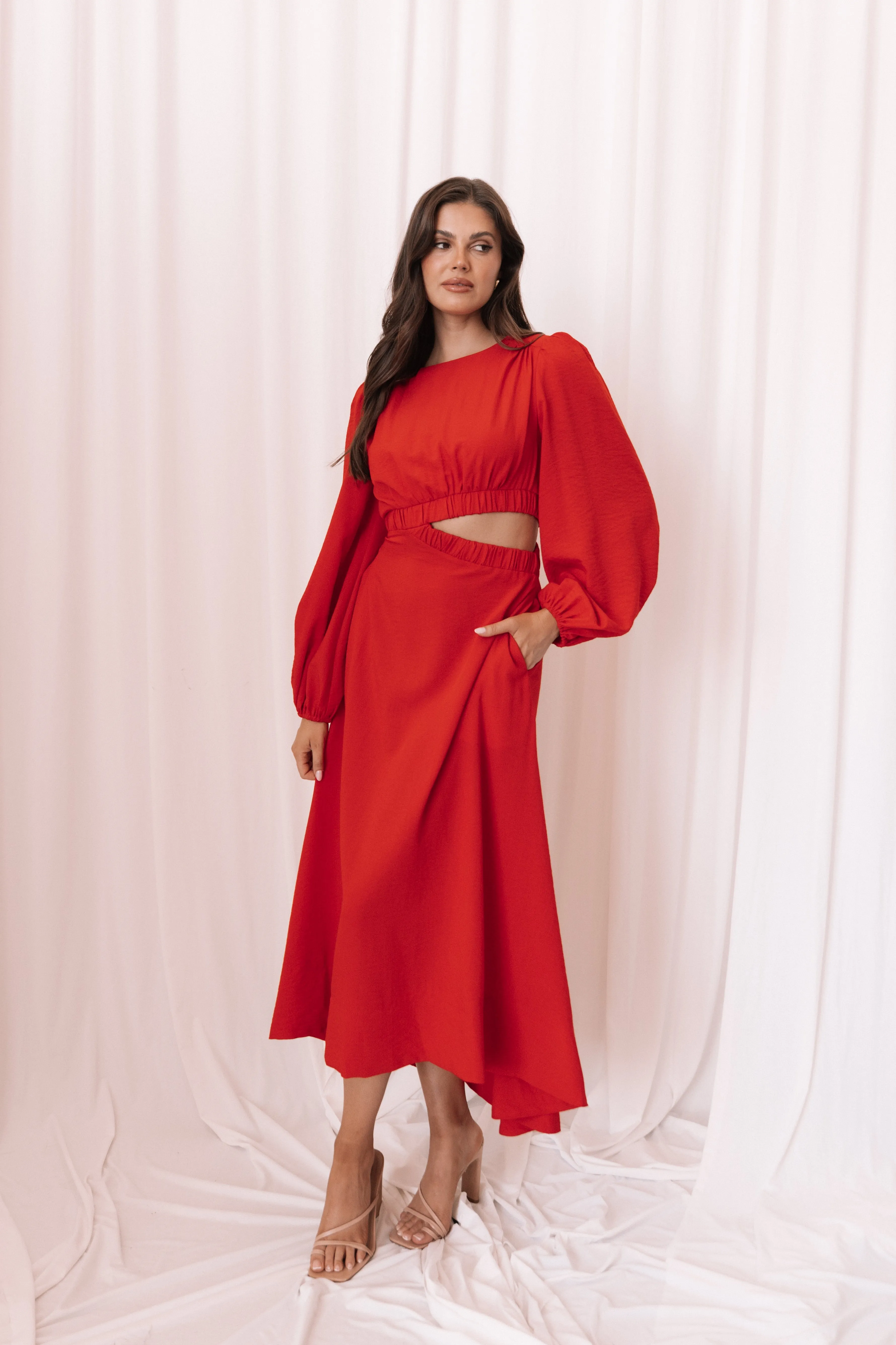 Ginnee Puff Sleeve Cutout Midi Dress - Red sold by Petal & Pup