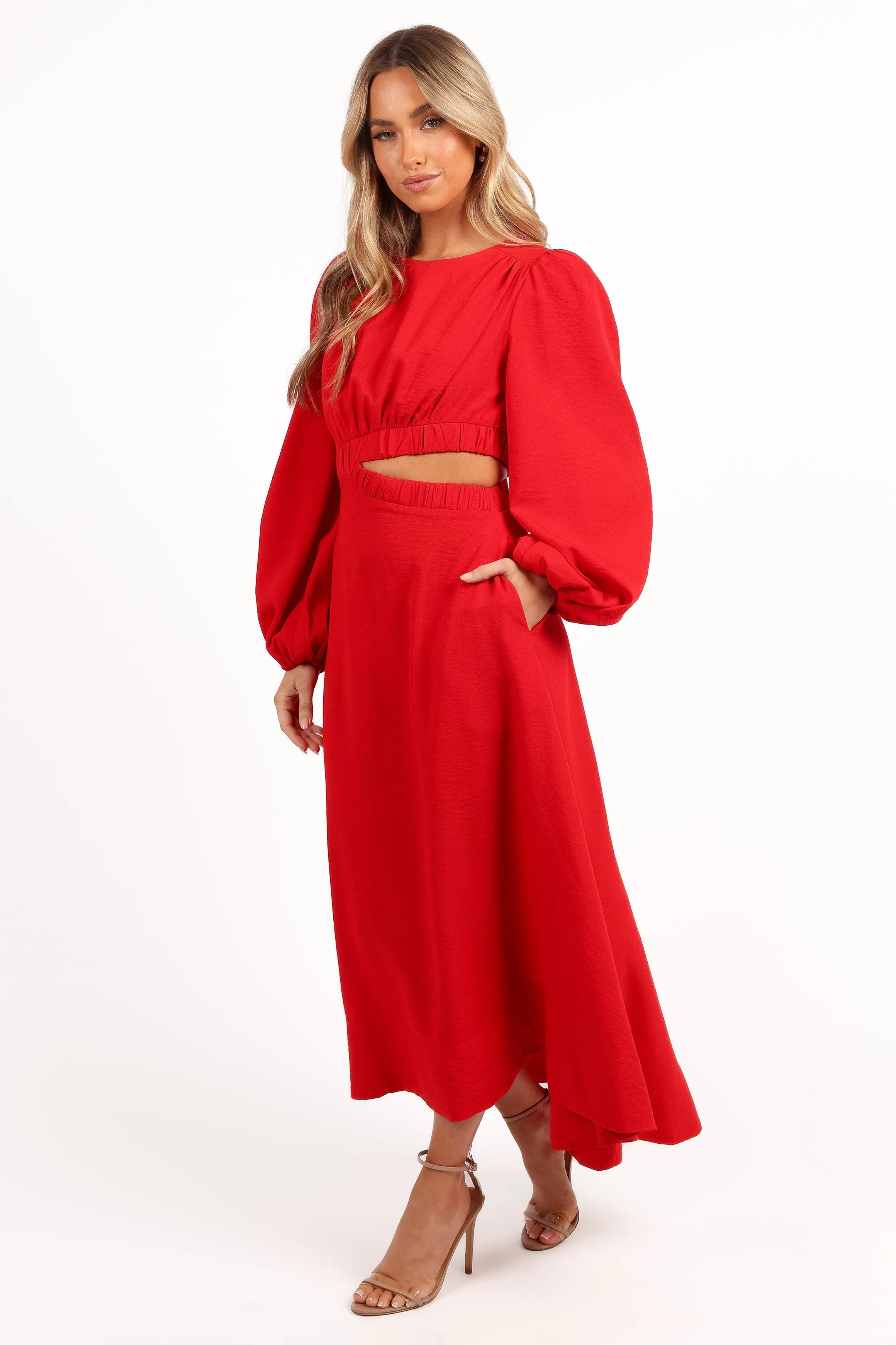 Ginnee Puff Sleeve Cutout Midi Dress - Red sold by Petal & Pup product image thumbnail 4