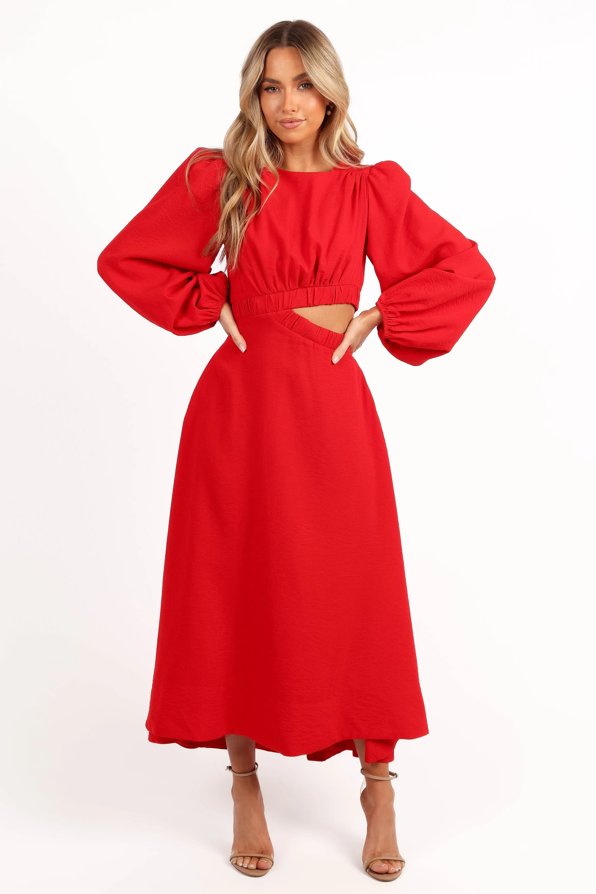 Ginnee Puff Sleeve Cutout Midi Dress - Red sold by Petal & Pup product image thumbnail 3