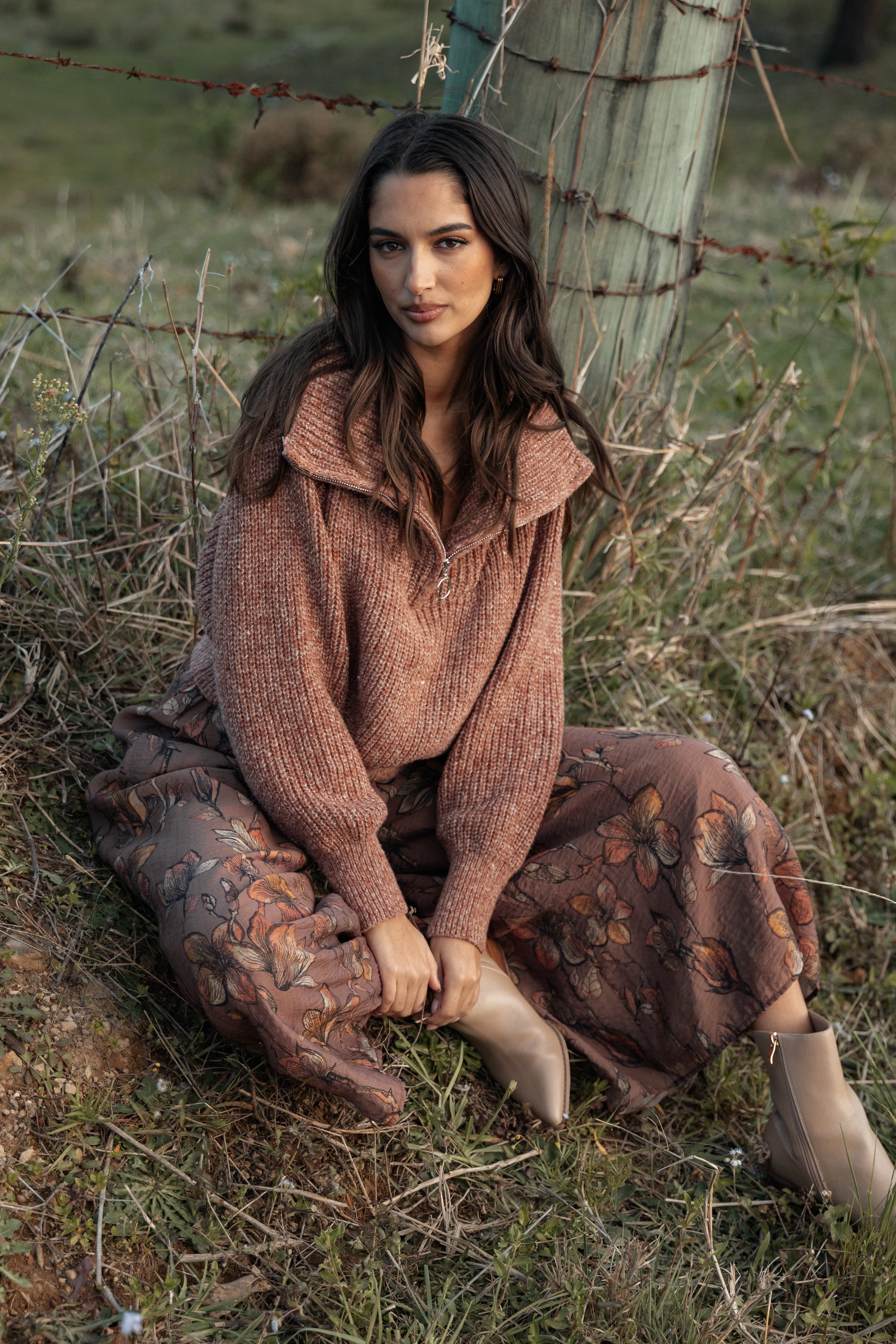 Hallow Collar Quarter Zip Sweater - Brown sold by Petal & Pup product image thumbnail 2