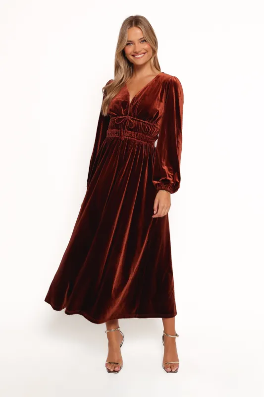 Cece Velvet Long Sleeve Maxi Dress - Rust sold by Petal & Pup