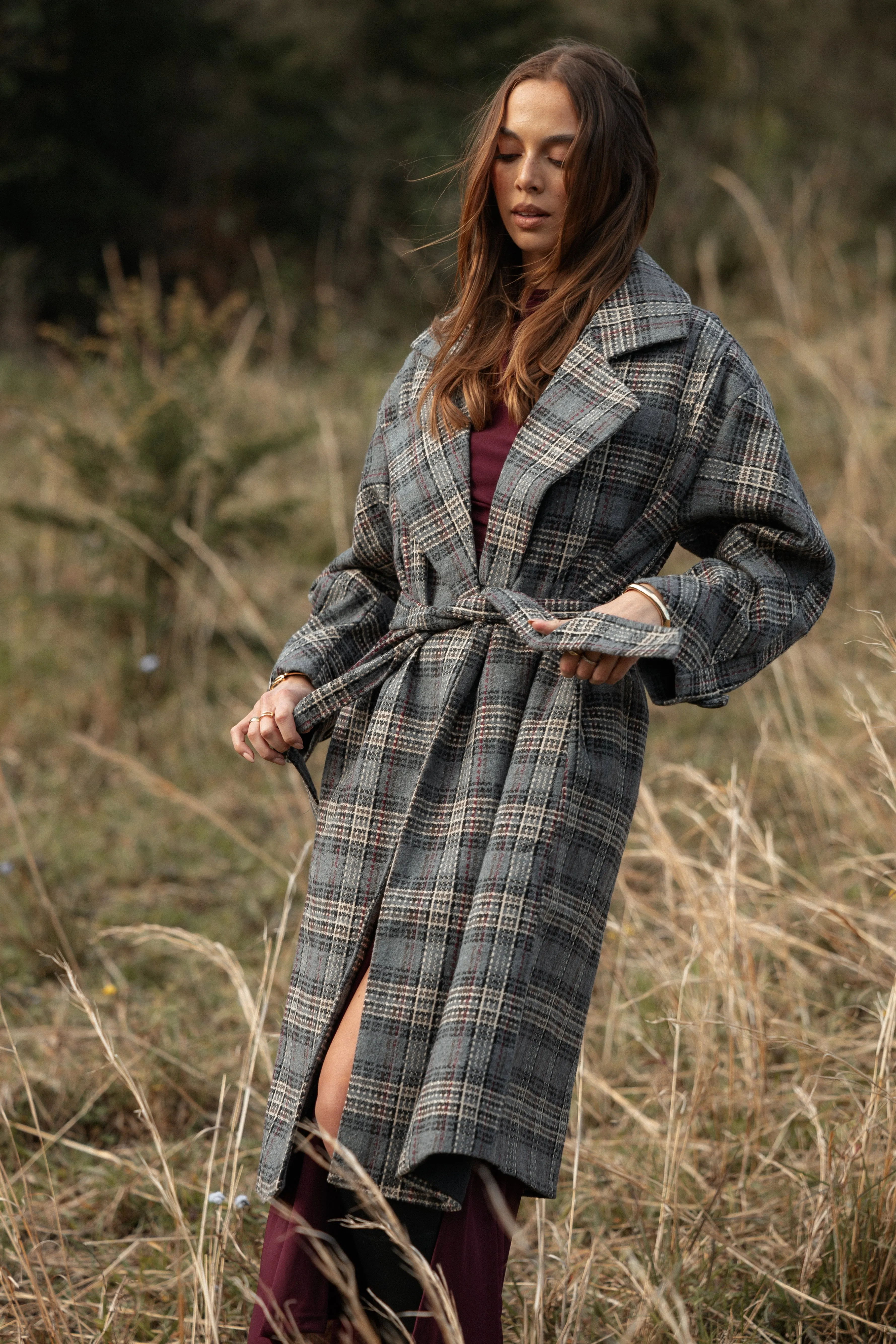 Torie Waist Tie Long Coat - Grey Check sold by Petal & Pup product image thumbnail 3