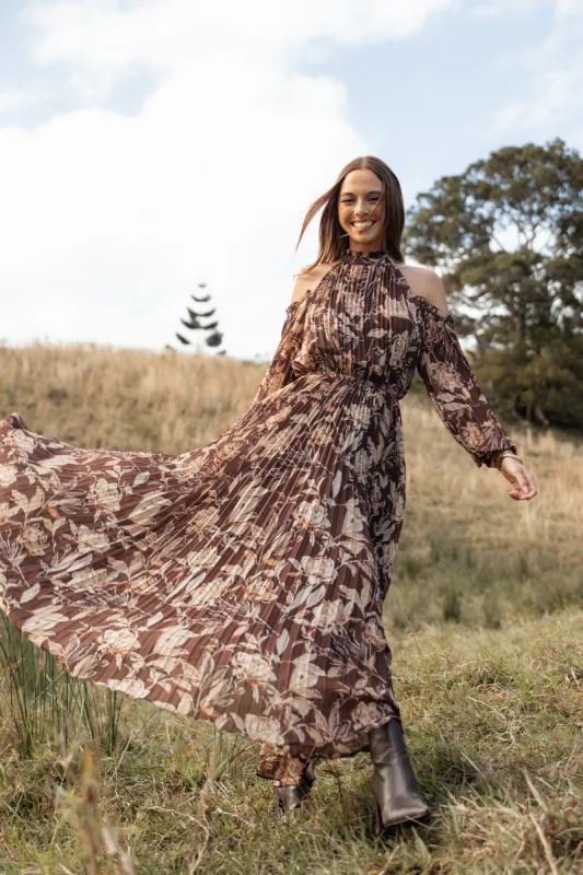 Hilary Pleated Maxi Dress - Brown Floral sold by Petal & Pup