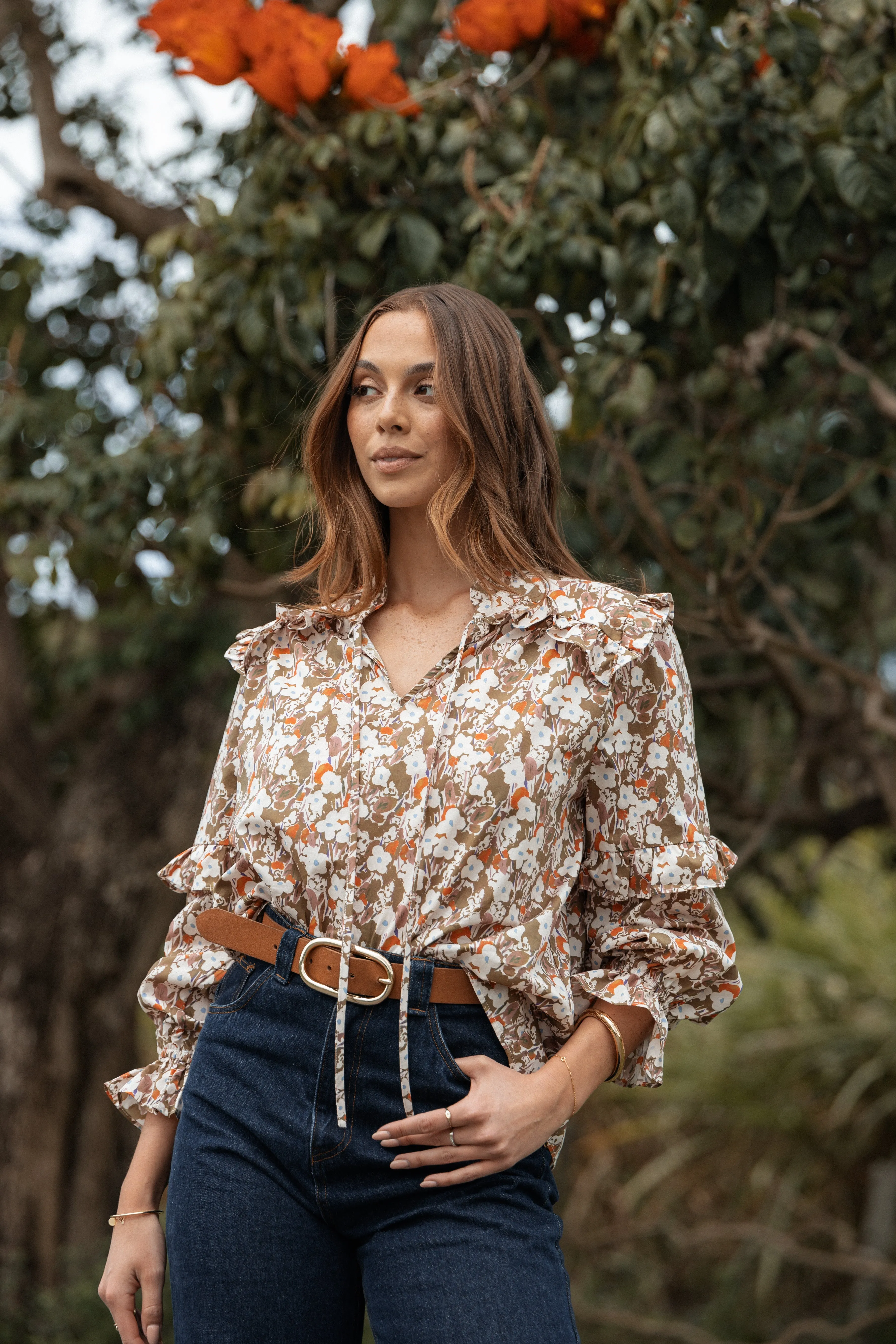 Selmah Long Sleeve Top - Cream Olive Orange sold by Petal & Pup