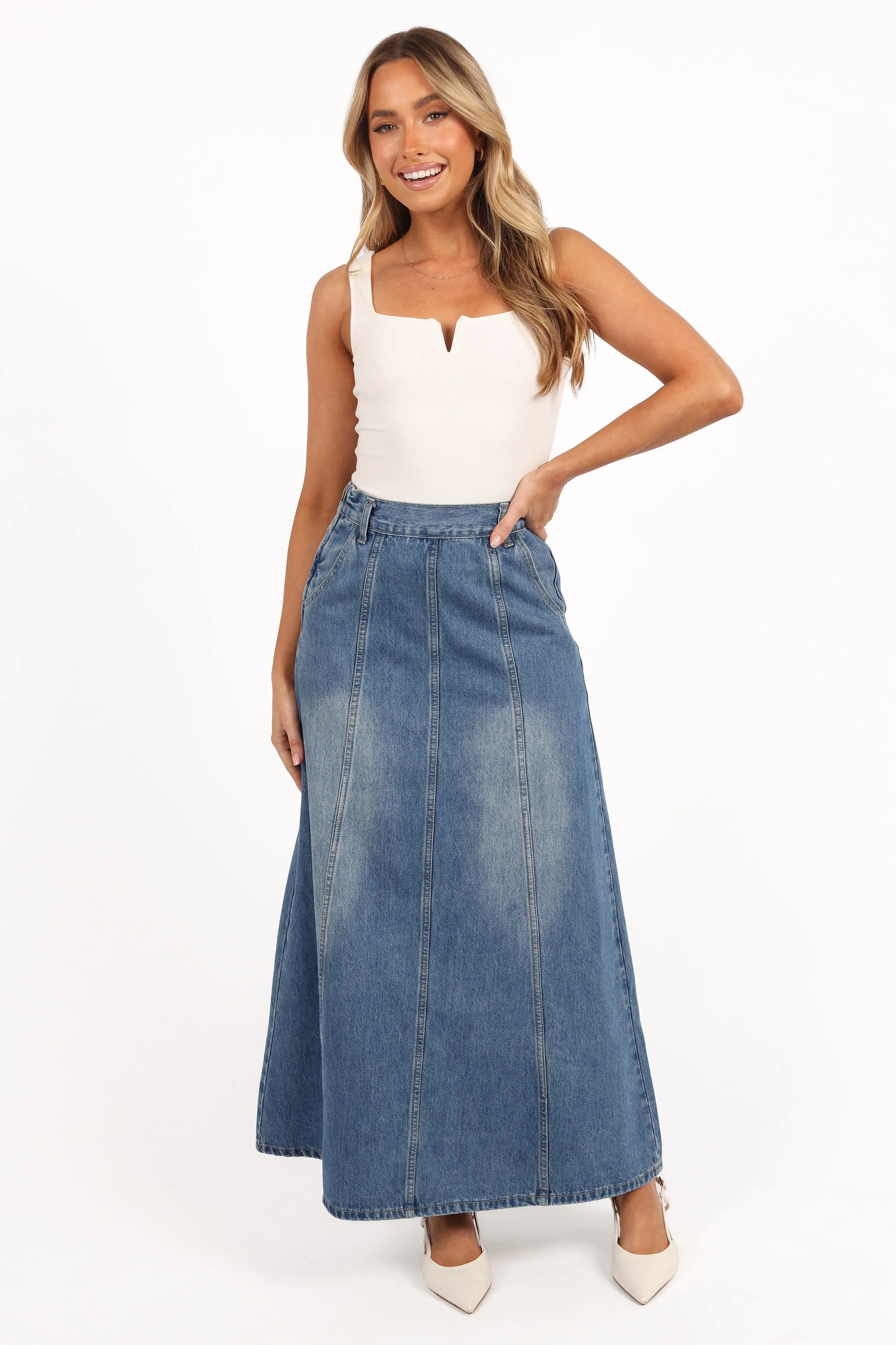 Gwen Denim Skirt - Mid Wash Denim sold by Petal & Pup product image thumbnail 3
