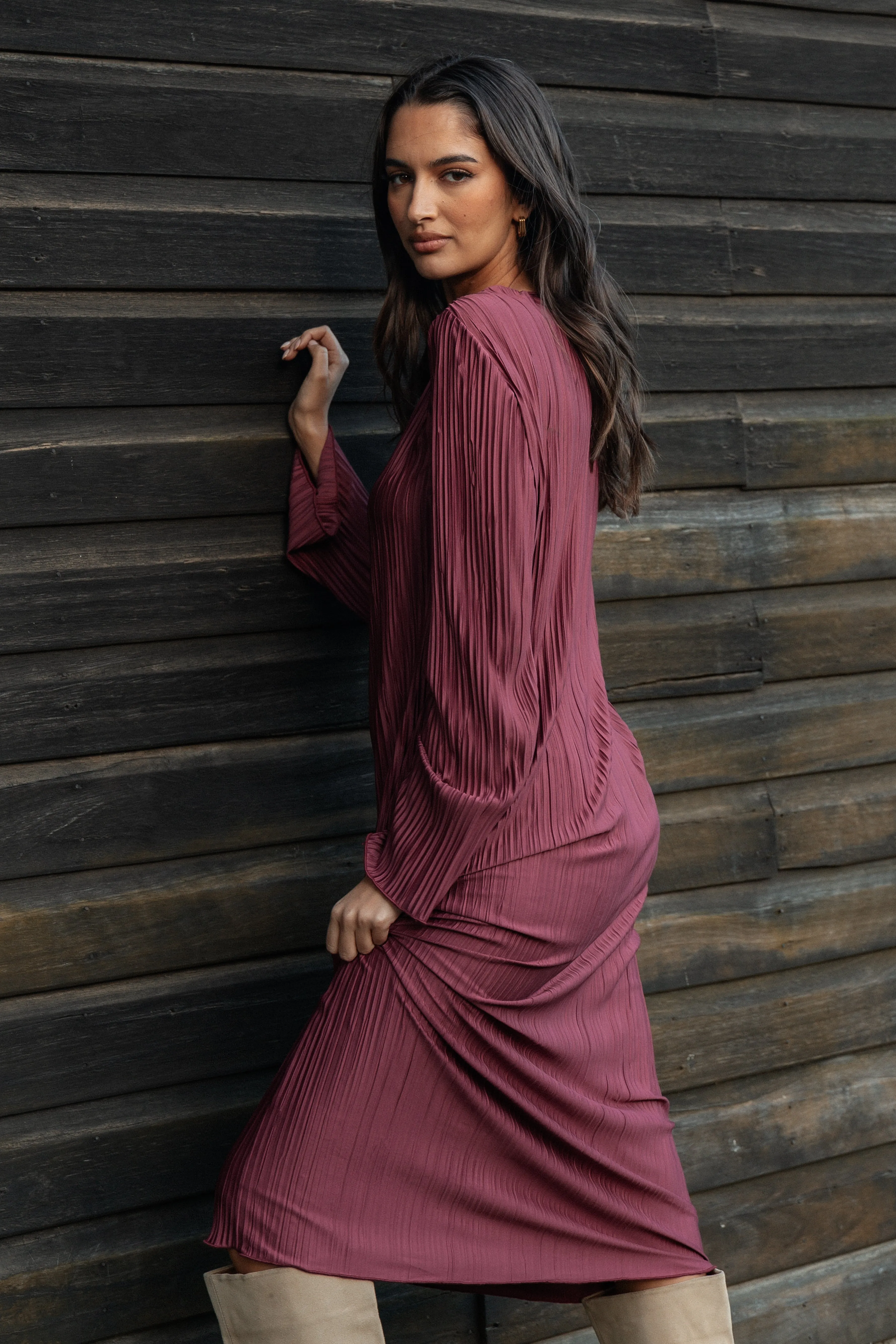 Tannikah Plisse Midi Dress - Ruby Wine sold by Petal & Pup