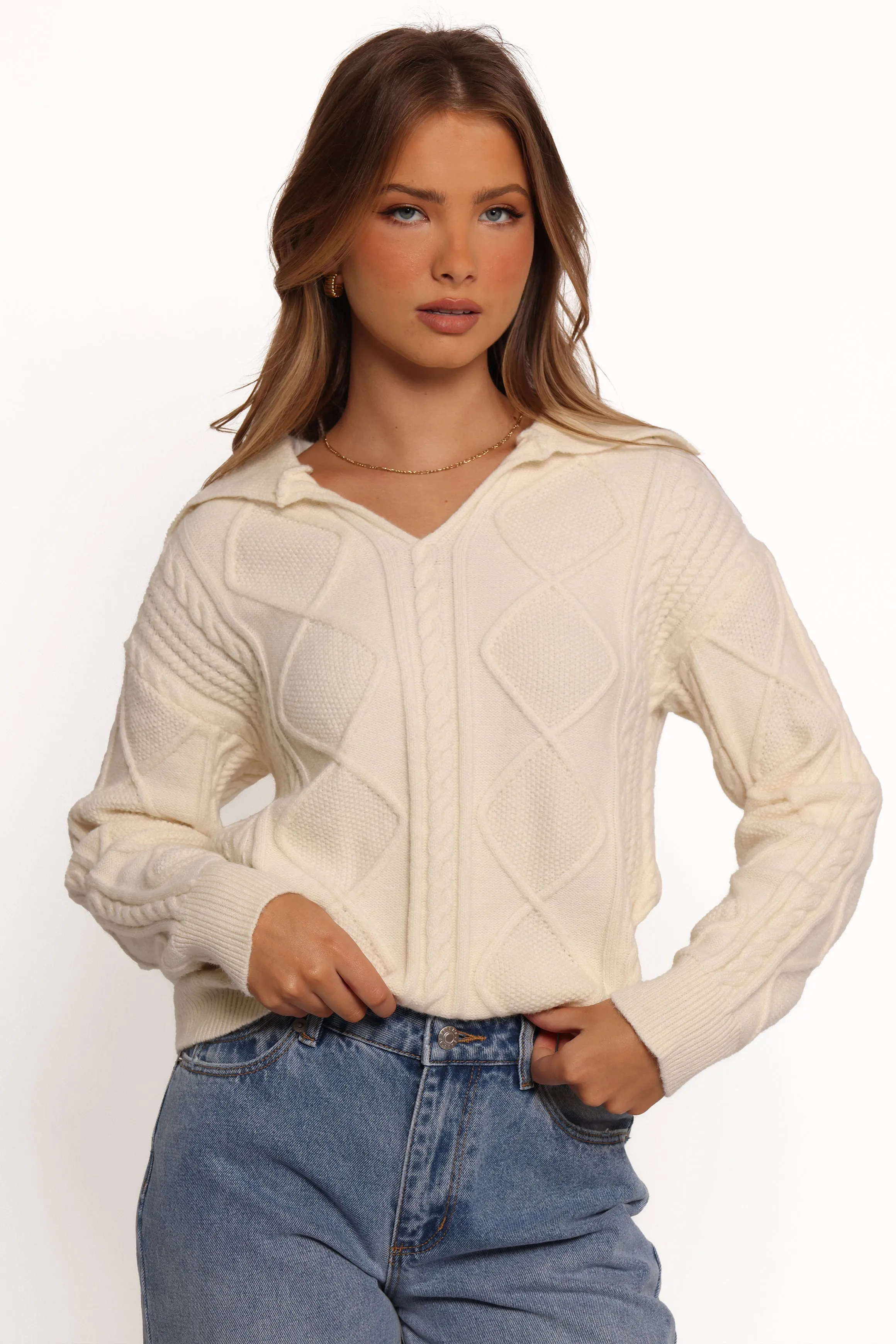 Robbie Collar Neck Cable Knit Sweater - Cream sold by Petal & Pup product image thumbnail 4