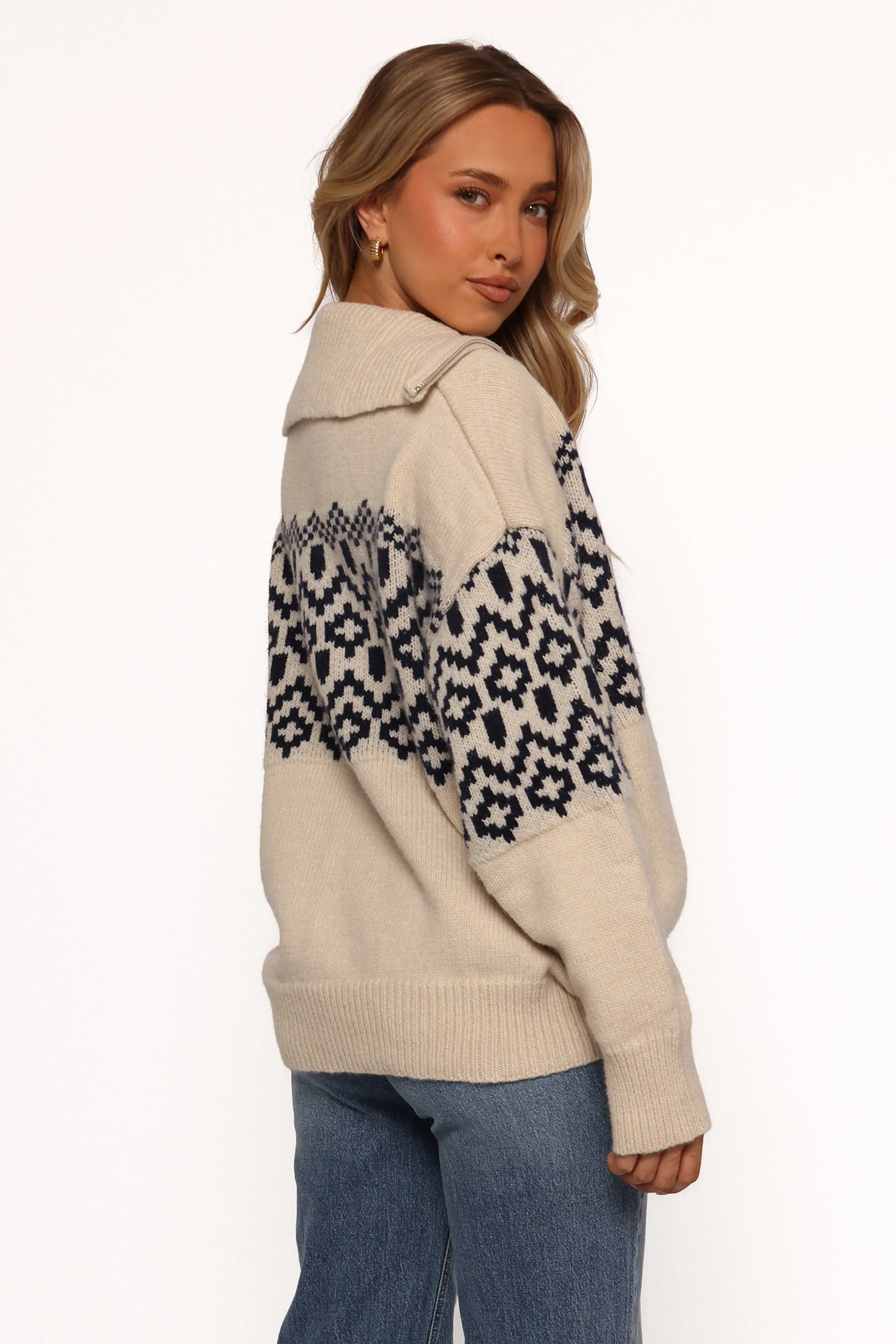 Jethro Quarter Zip Fairisle Knit Sweater - Cream/Navy sold by Petal & Pup product image thumbnail 4