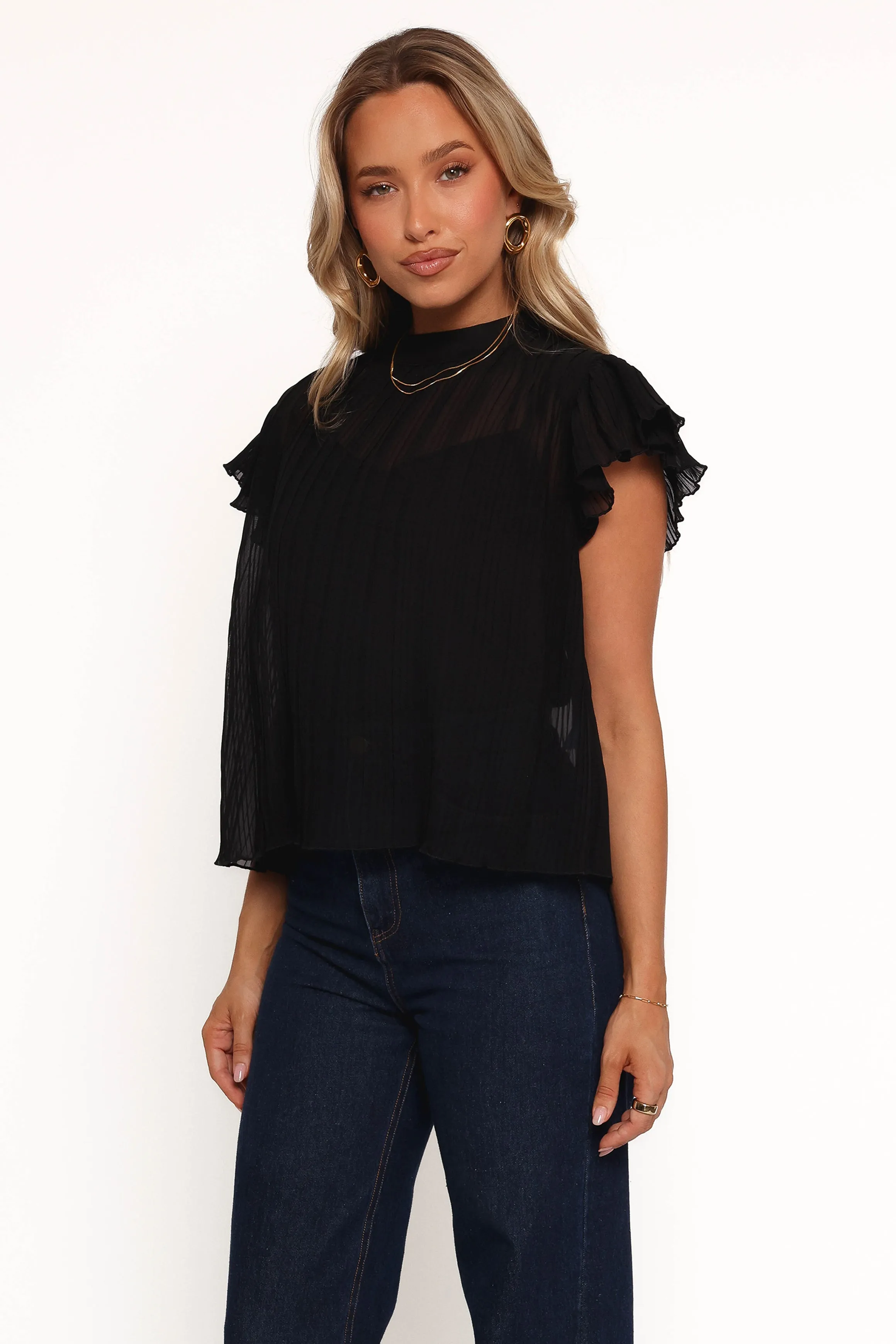 Topia Pleated Flutter Sleeve Top - Black sold by Petal & Pup product image thumbnail 5