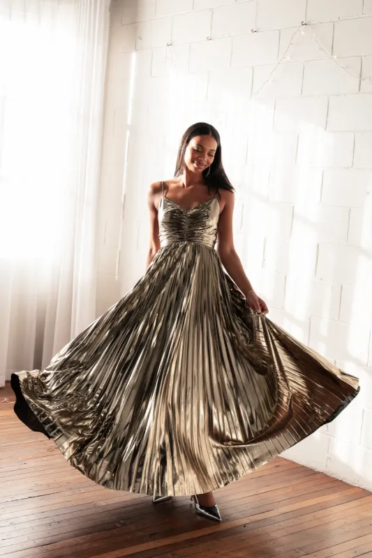 Naira Pleated Maxi Dress - Gold sold by Petal & Pup