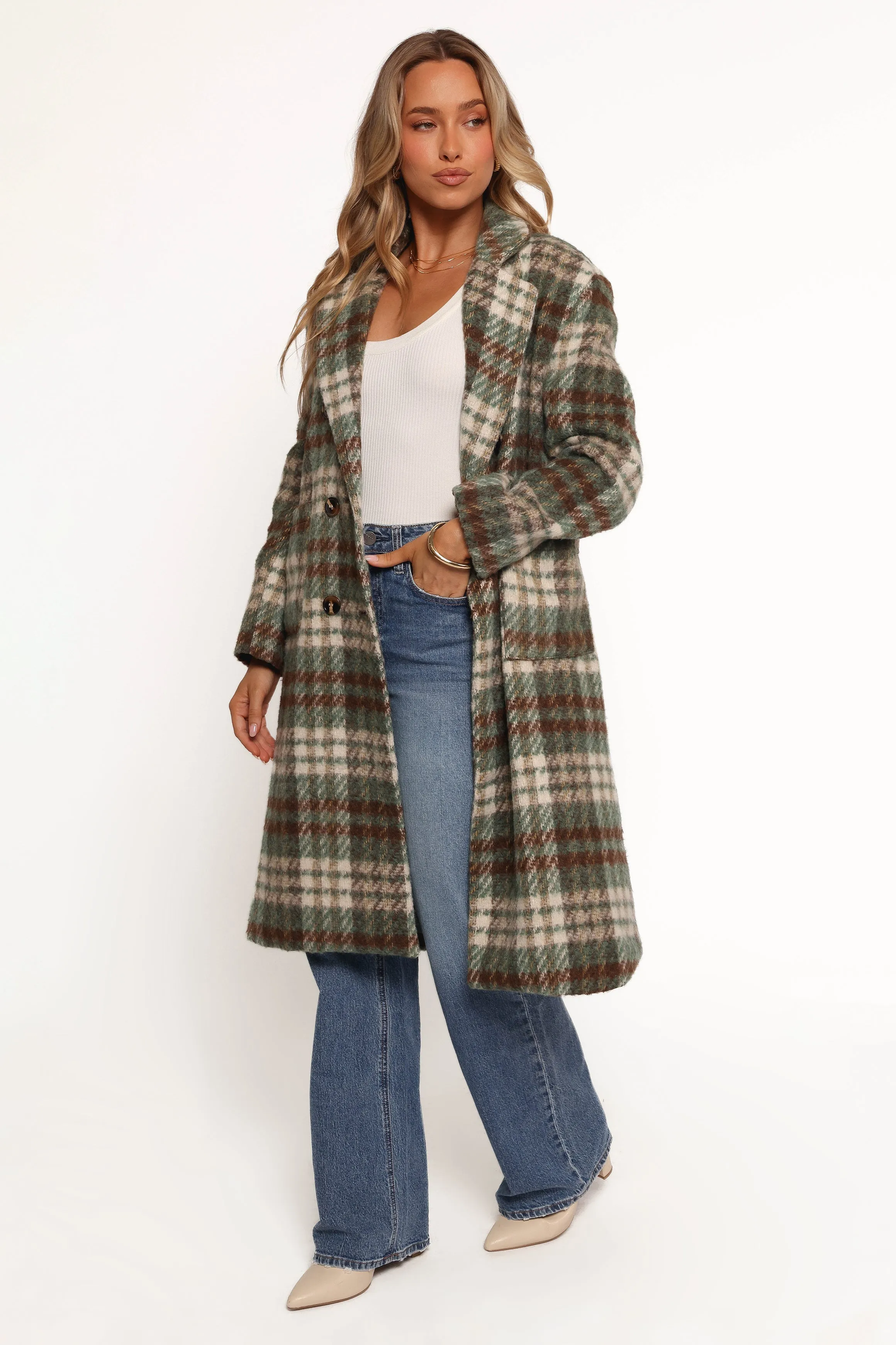 Anika Plaid Long Coat - Green/Brown sold by Petal & Pup product image thumbnail 3