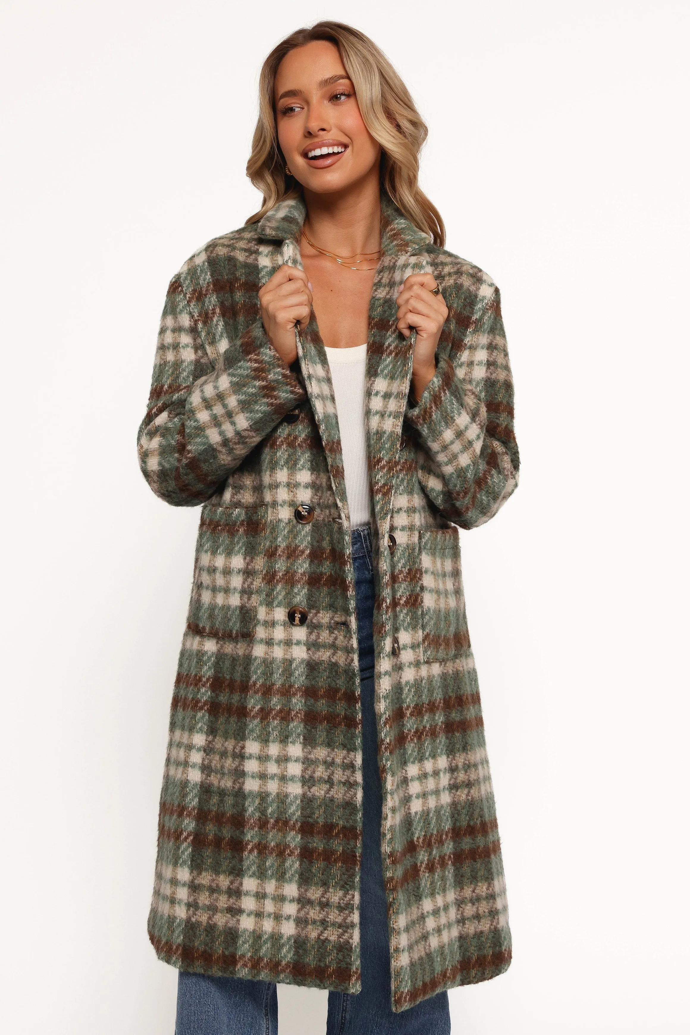 Anika Plaid Long Coat - Green/Brown sold by Petal & Pup