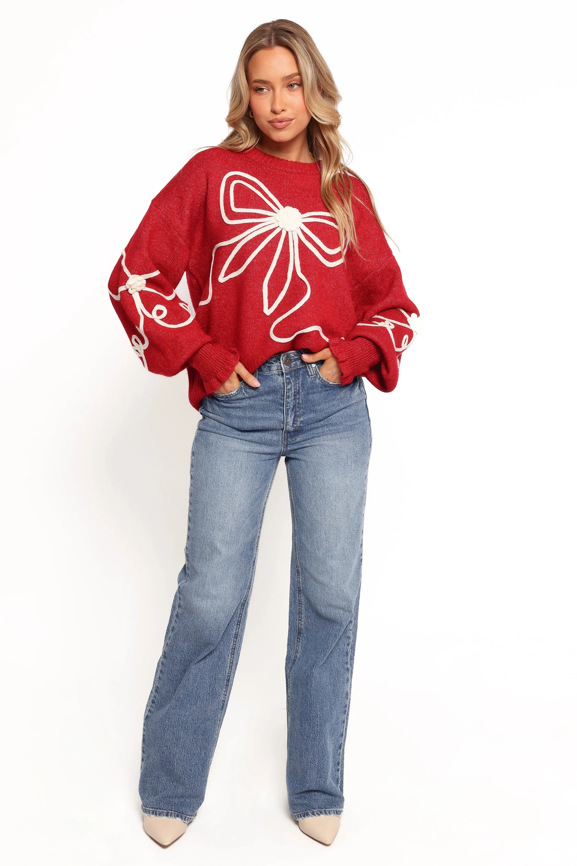 Mardi Large Bow Knit Sweater - Red/Cream sold by Petal & Pup product image thumbnail 2