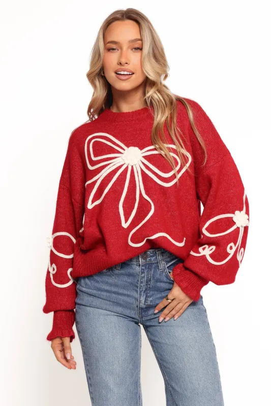 Mardi Large Bow Knit Sweater - Red/Cream sold by Petal & Pup
