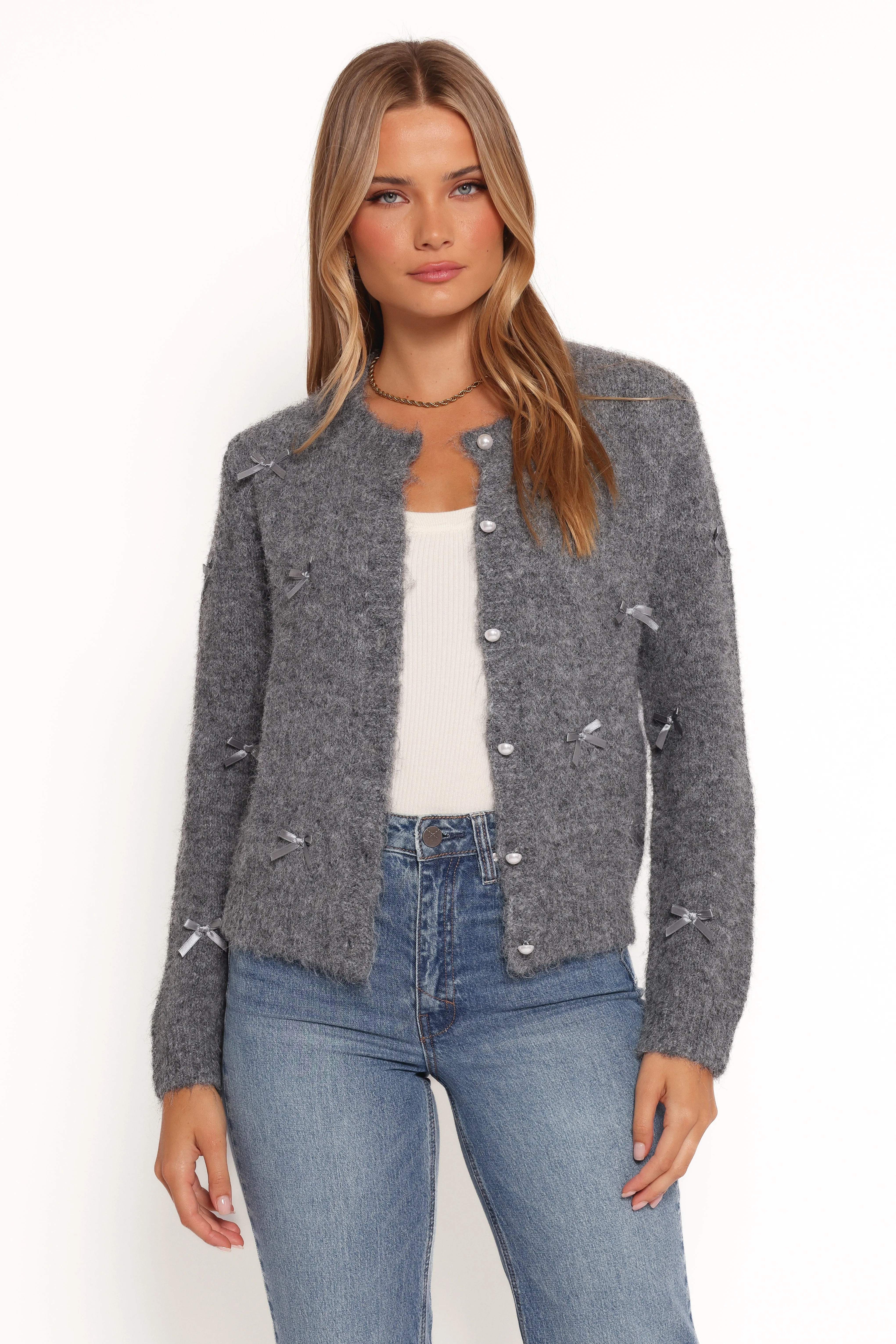 Mellie All Over Bow Button Front Cardigan - Grey sold by Petal & Pup