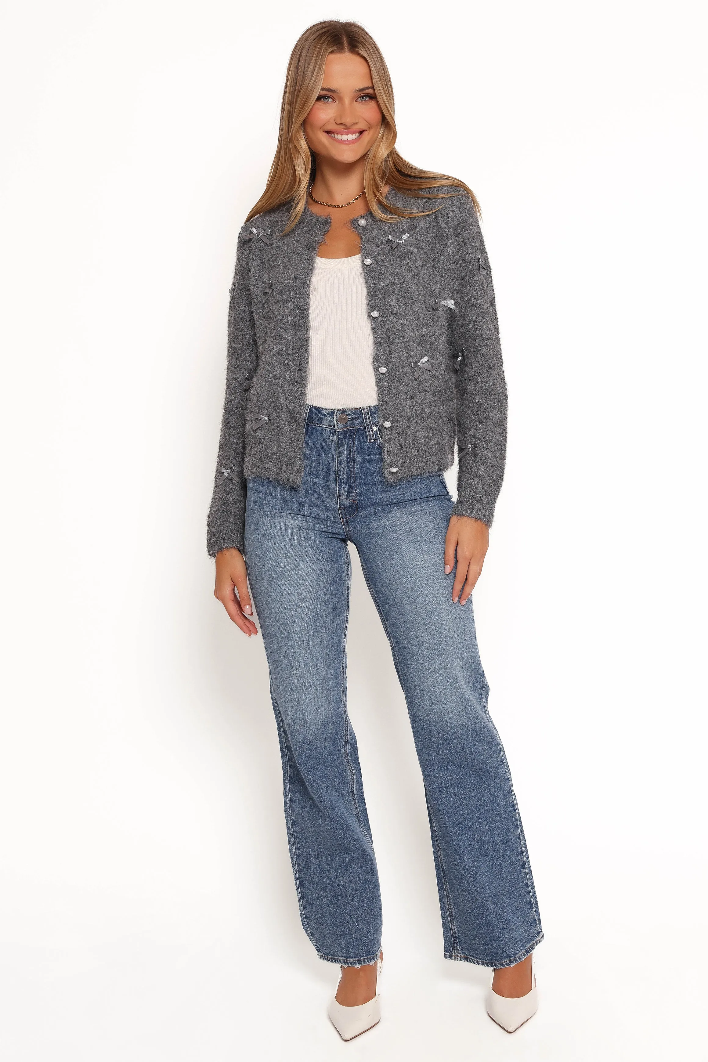 Mellie All Over Bow Button Front Cardigan - Grey sold by Petal & Pup product image thumbnail 2
