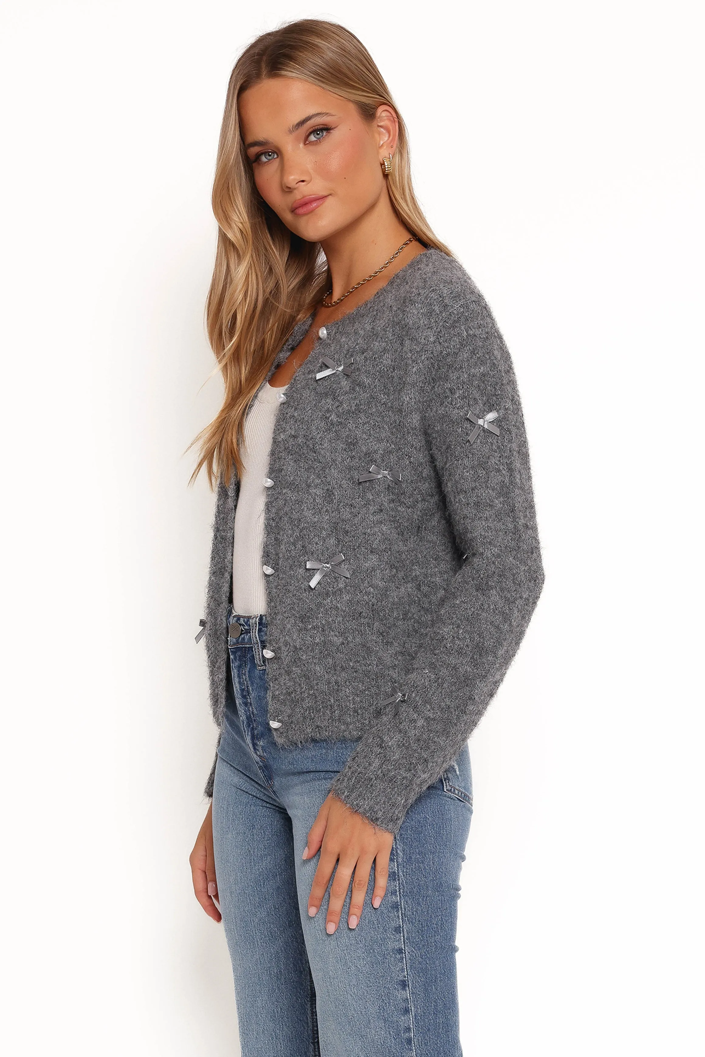 Mellie All Over Bow Button Front Cardigan - Grey sold by Petal & Pup product image thumbnail 4