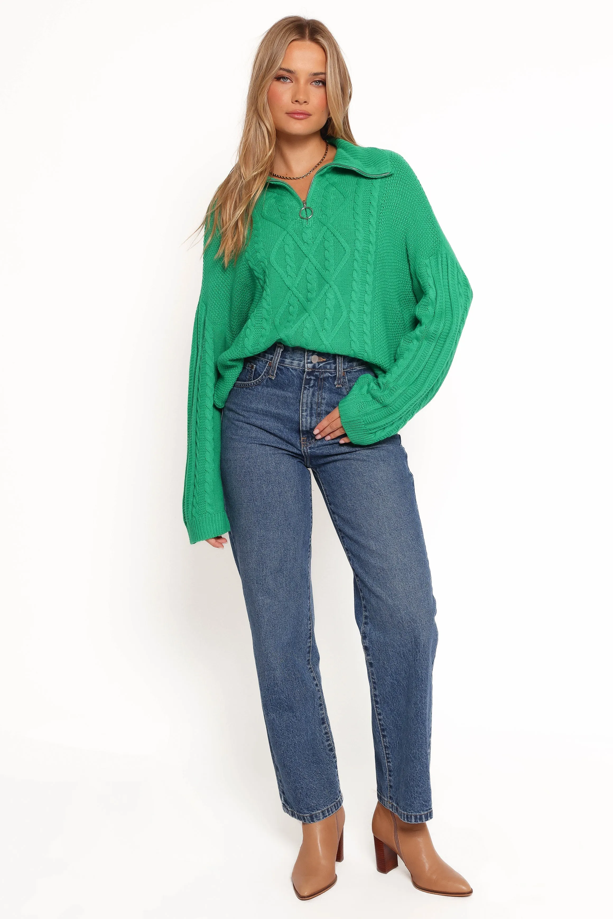 Leon Quarter Zip Cable Knit Sweater - Green sold by Petal & Pup product image thumbnail 2