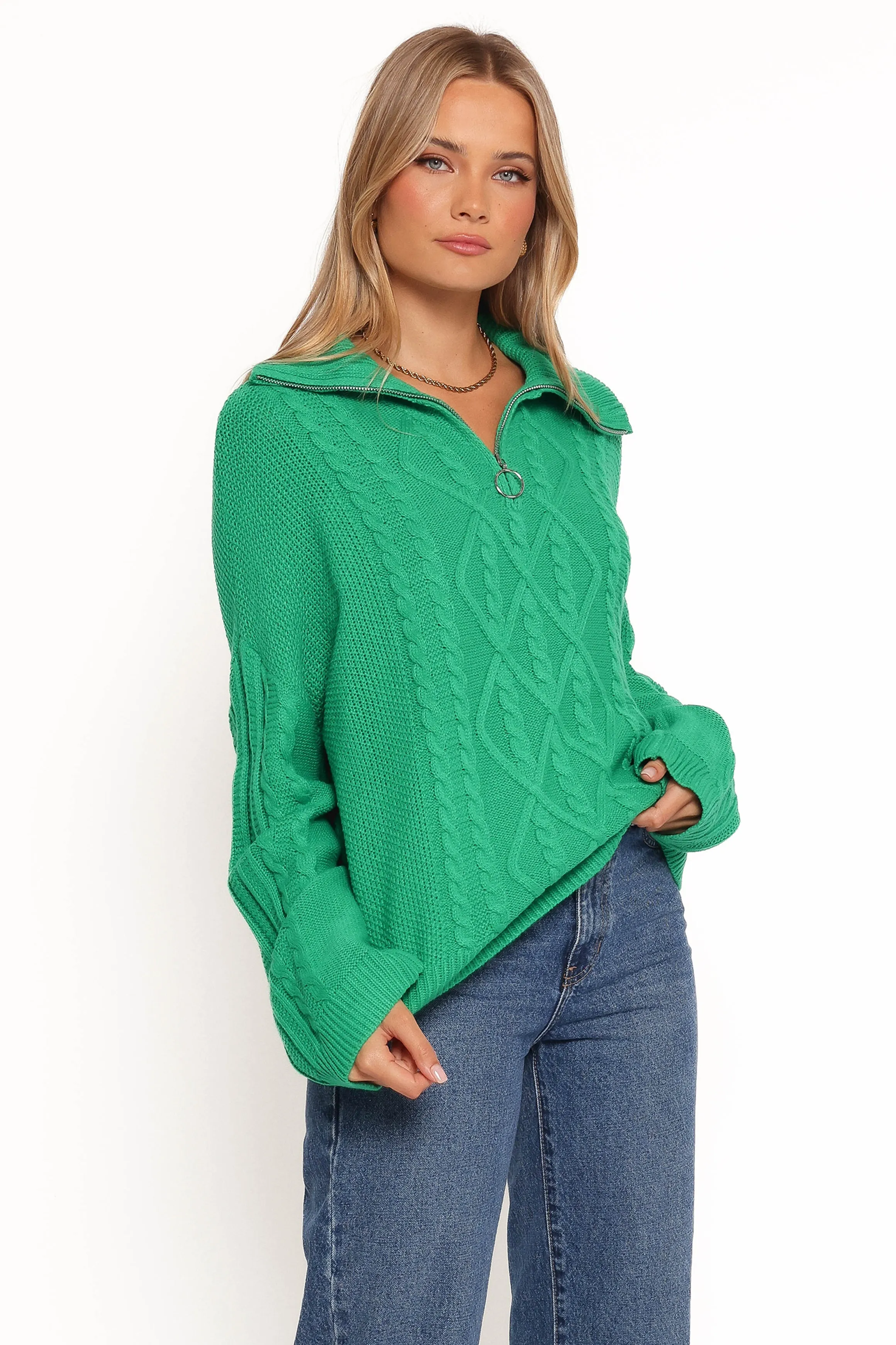 Leon Quarter Zip Cable Knit Sweater - Green sold by Petal & Pup product image thumbnail 5