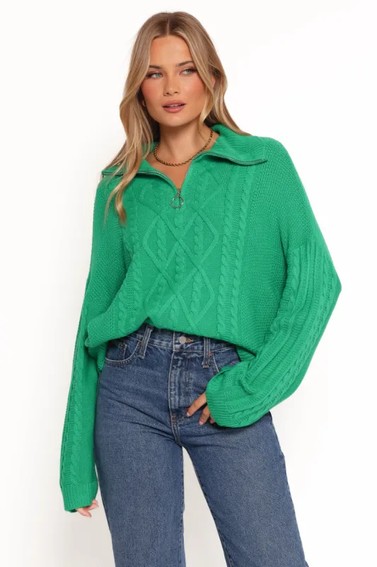 Leon Quarter Zip Cable Knit Sweater - Green sold by Petal & Pup