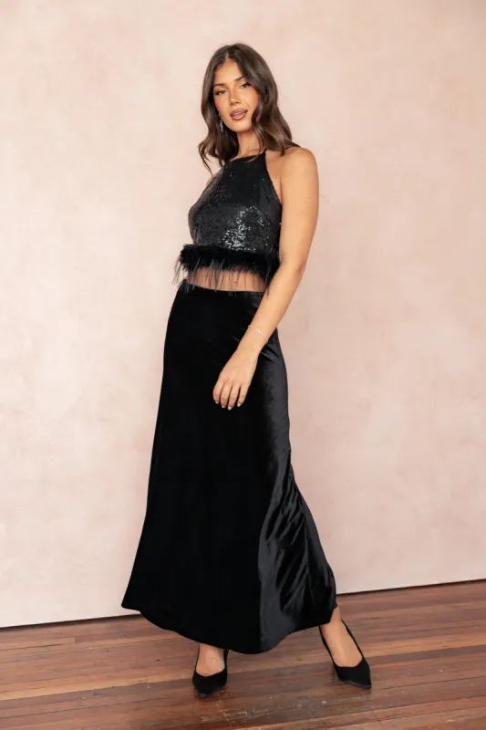 Suri Velvet Maxi Skirt - Black sold by Petal & Pup