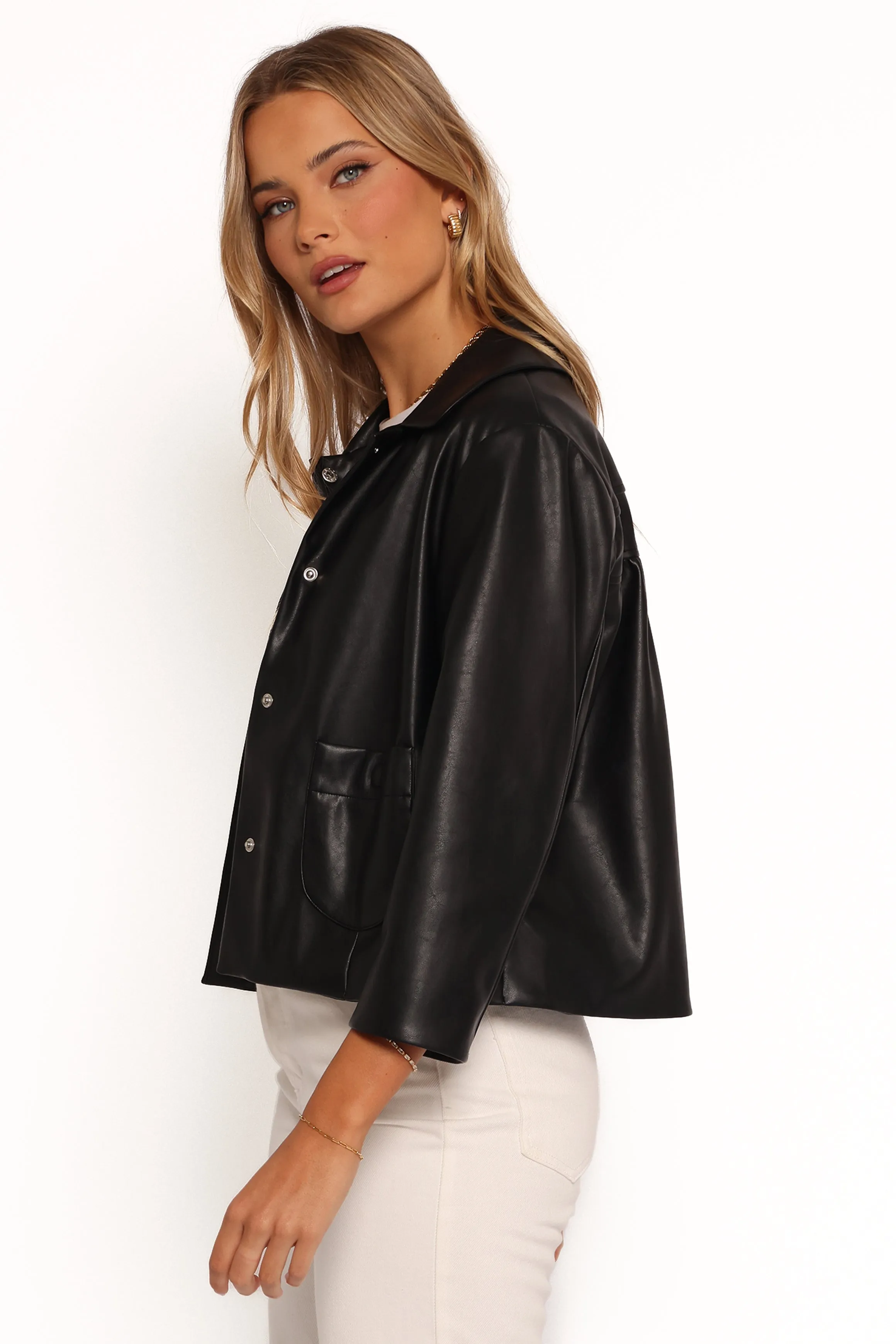 Evora Faux Leather Button front Jacket - Black sold by Petal & Pup product image thumbnail 3