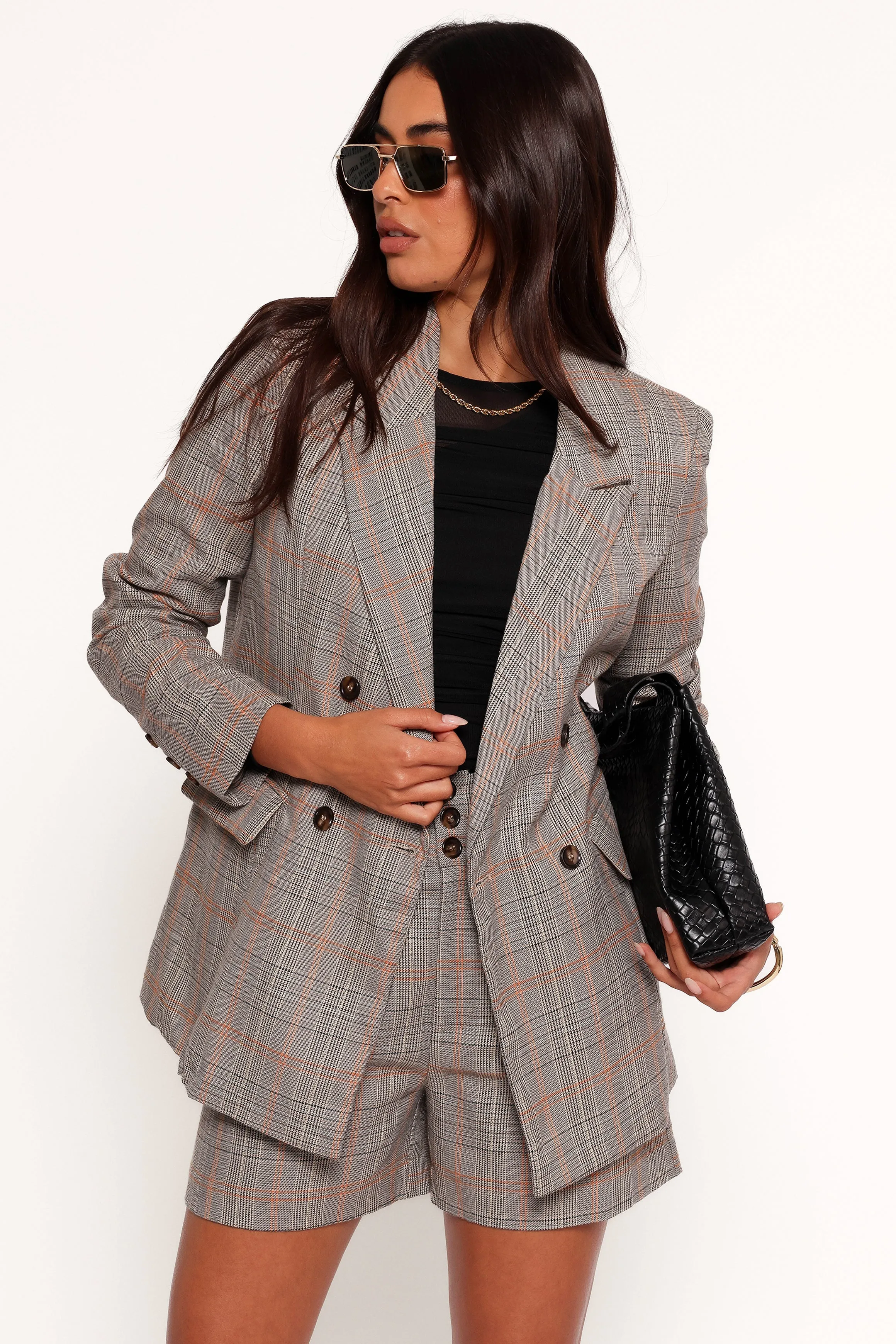 Lesia Double Button Fitted Plaid Blazer - Taupe Multi sold by Petal & Pup