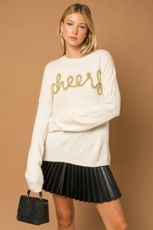 Poppy Cursive Cheer Knit Sweater - White sold by Petal & Pup