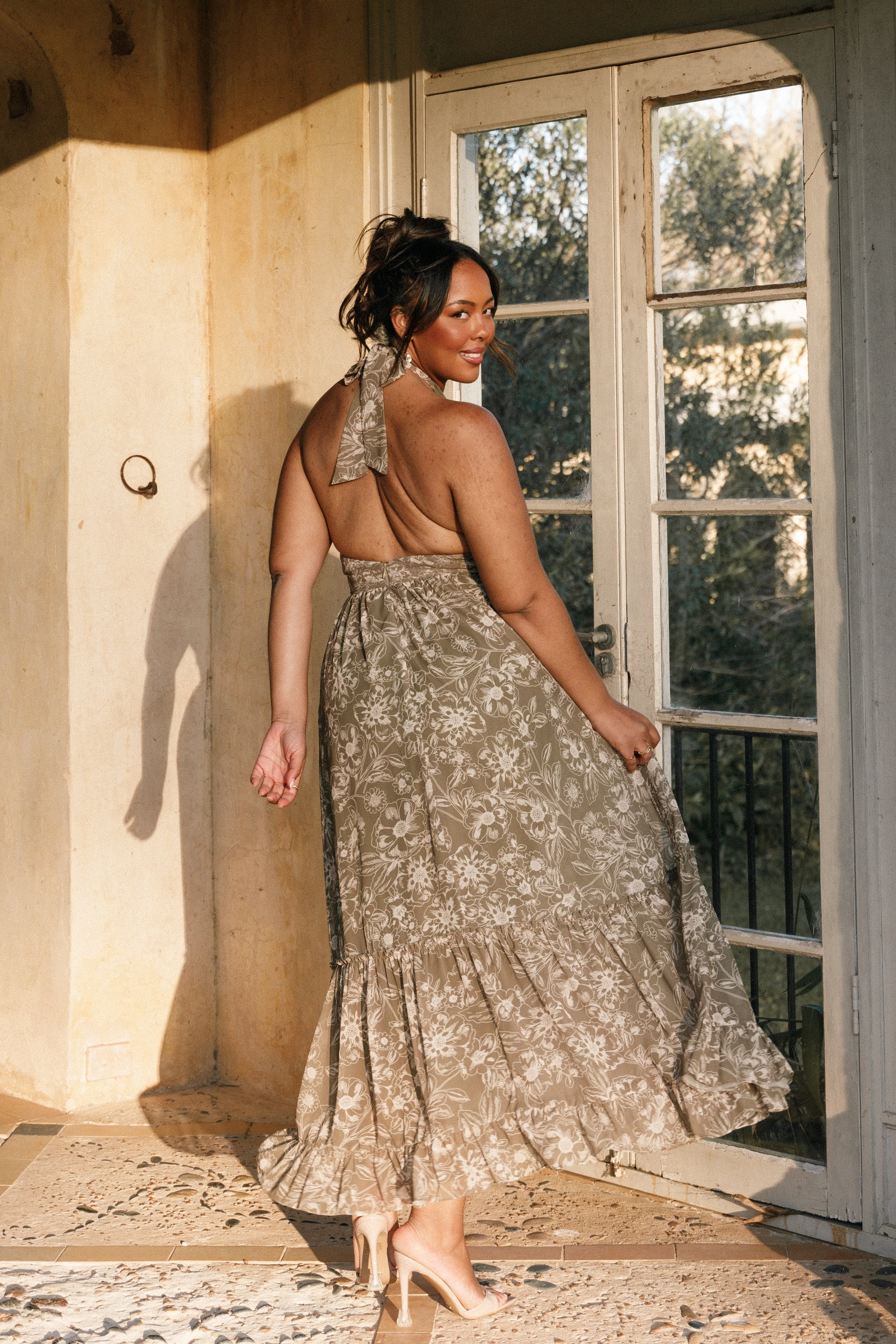 Lennon Halterneck Maxi Dress - Olive Floral sold by Petal & Pup