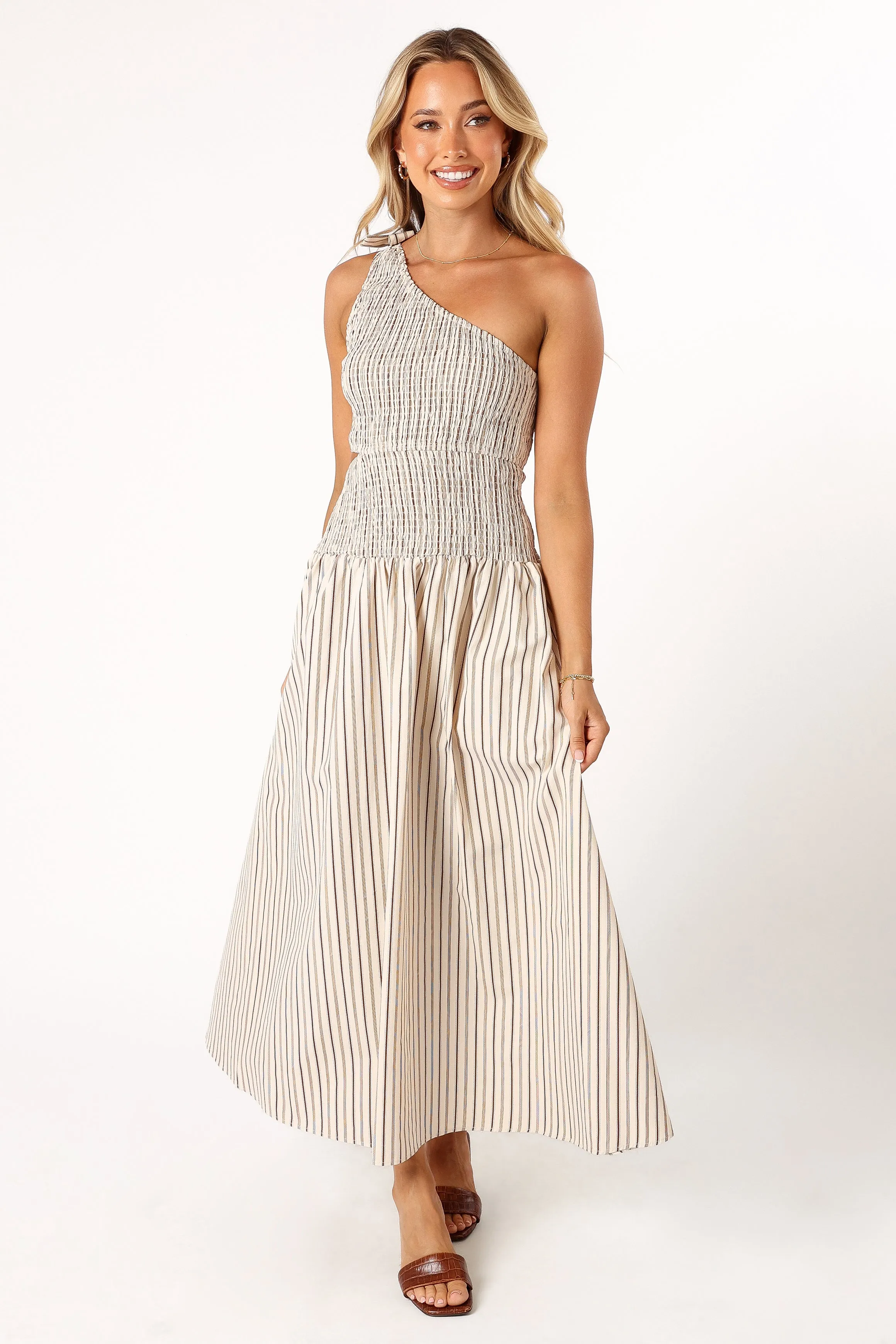 Jordana One Shoulder Midi Dress - Brown Stripe sold by Petal & Pup