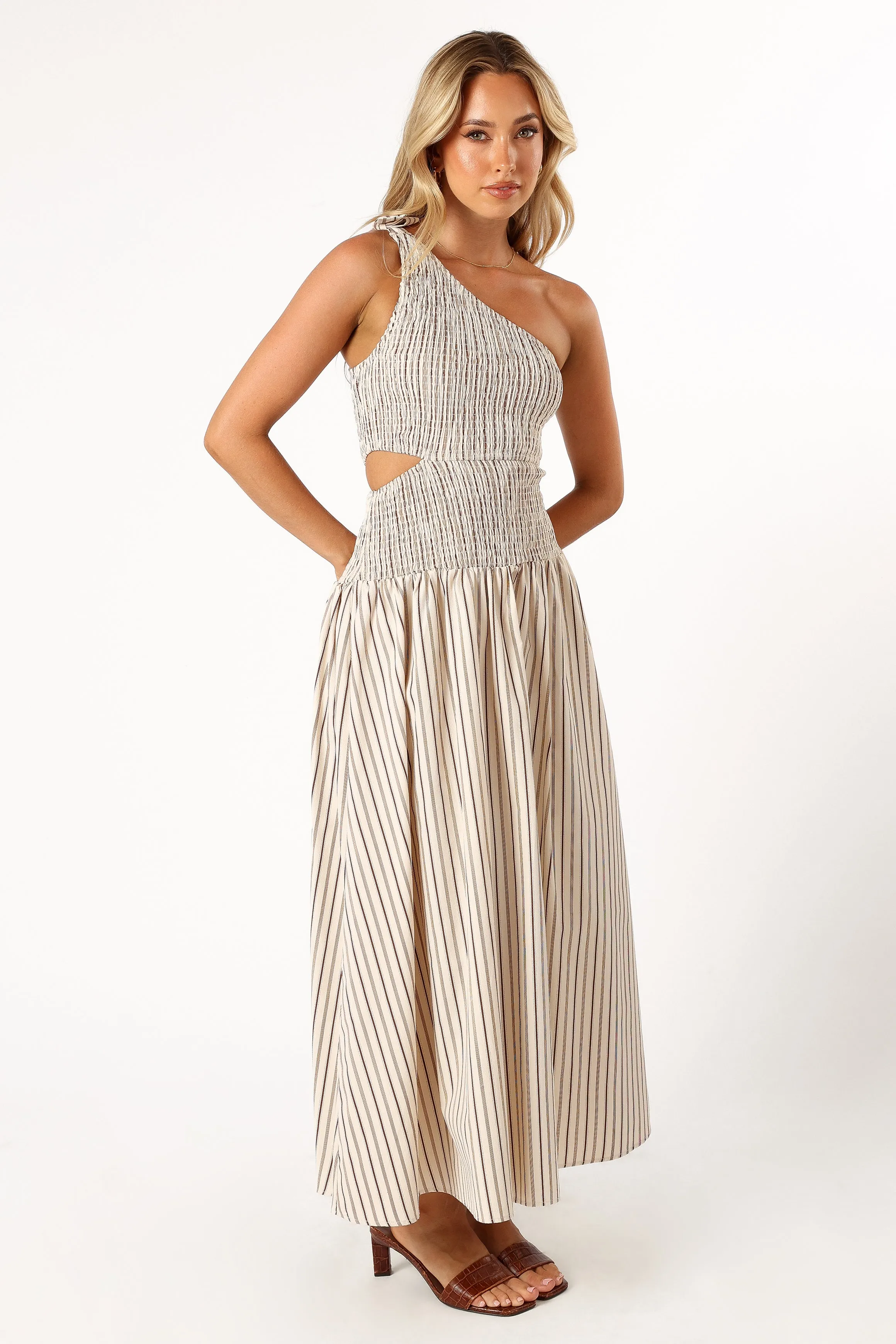 Jordana One Shoulder Midi Dress - Brown Stripe sold by Petal & Pup product image thumbnail 5