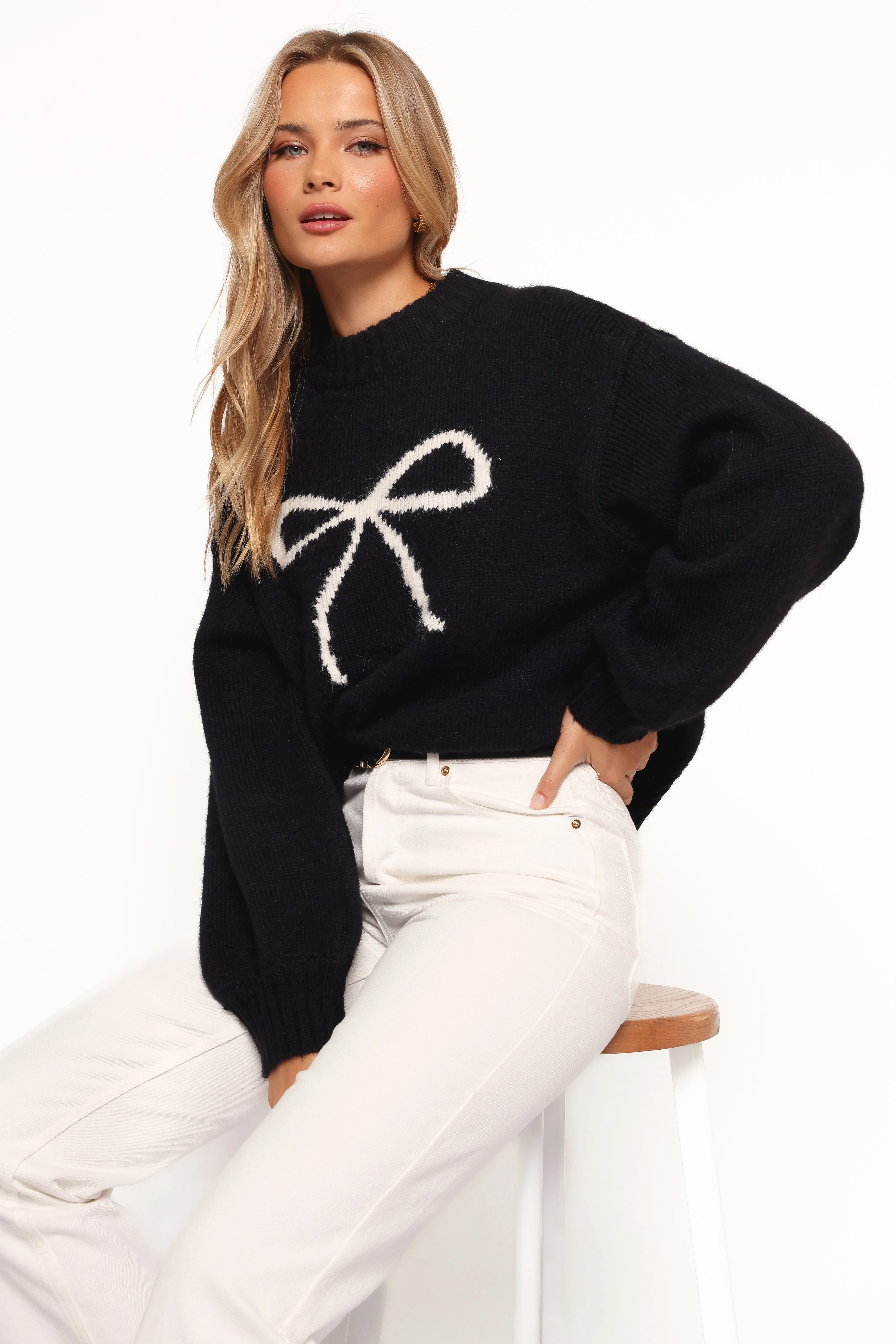 Cecelia Bow Print Mock Neck Knit Sweater - Black sold by Petal & Pup