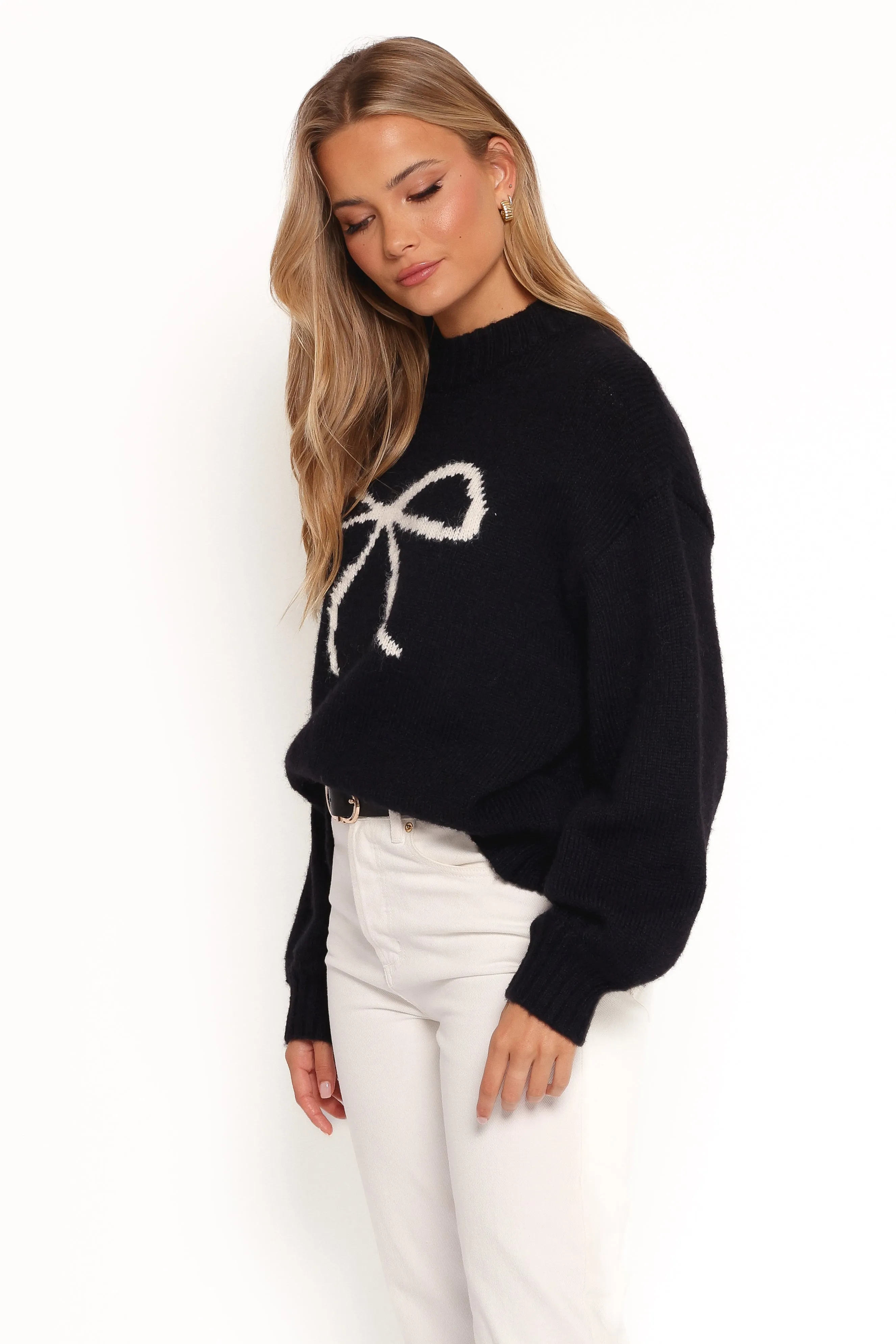 Cecelia Bow Print Mock Neck Knit Sweater - Black sold by Petal & Pup product image thumbnail 3