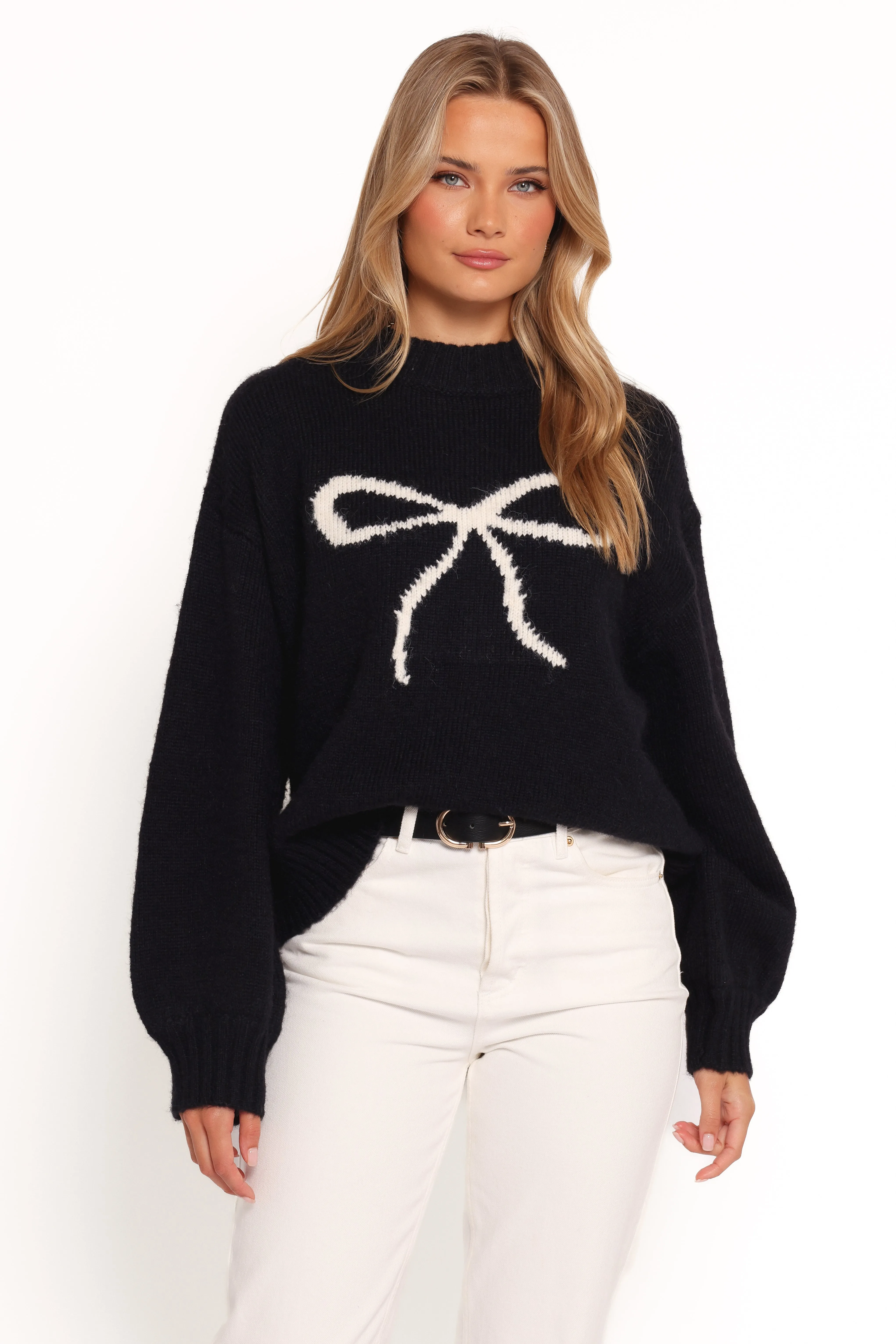 Cecelia Bow Print Mock Neck Knit Sweater - Black sold by Petal & Pup product image thumbnail 2