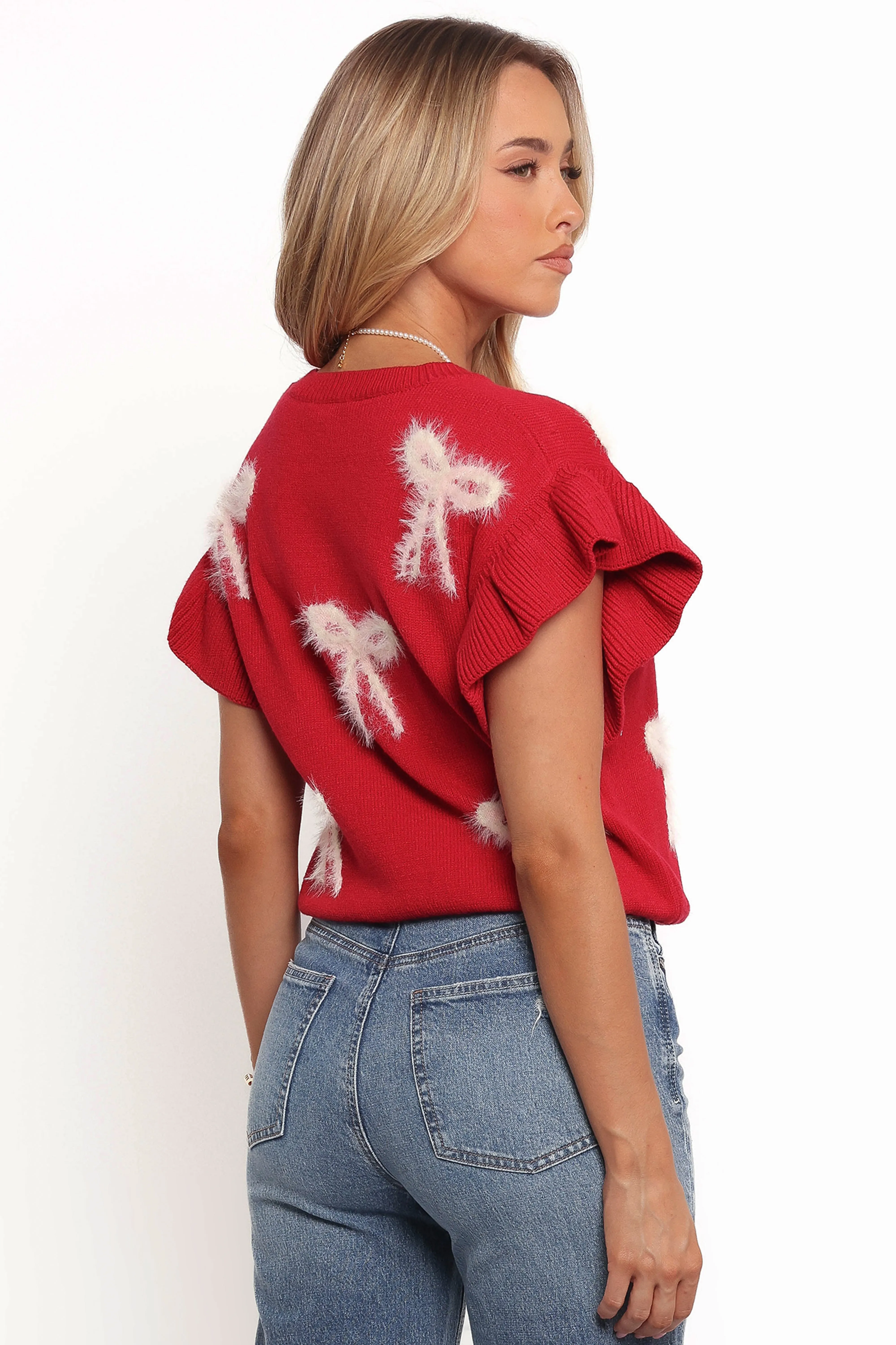 Cherish Ruffle Sleeve Bow Knit Sweater - Red sold by Petal & Pup product image thumbnail 4