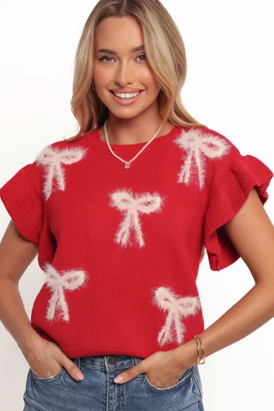 Cherish Ruffle Sleeve Bow Knit Sweater - Red sold by Petal & Pup
