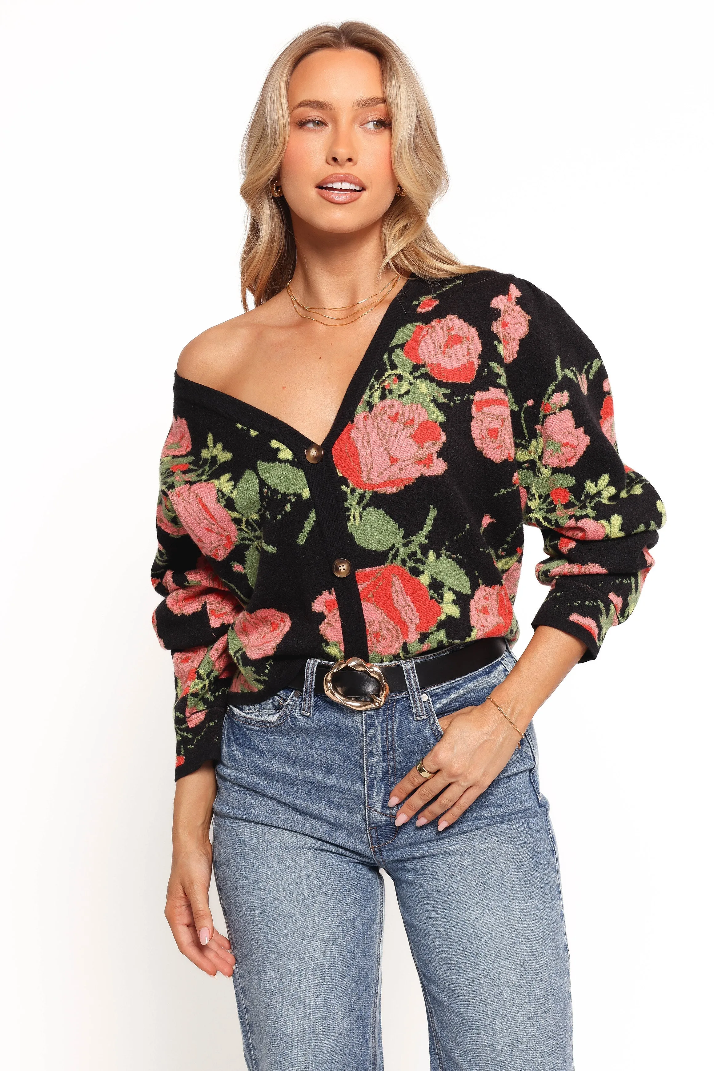 Reeva Button Front Floral Cardigan - Black Floral sold by Petal & Pup product image thumbnail 4
