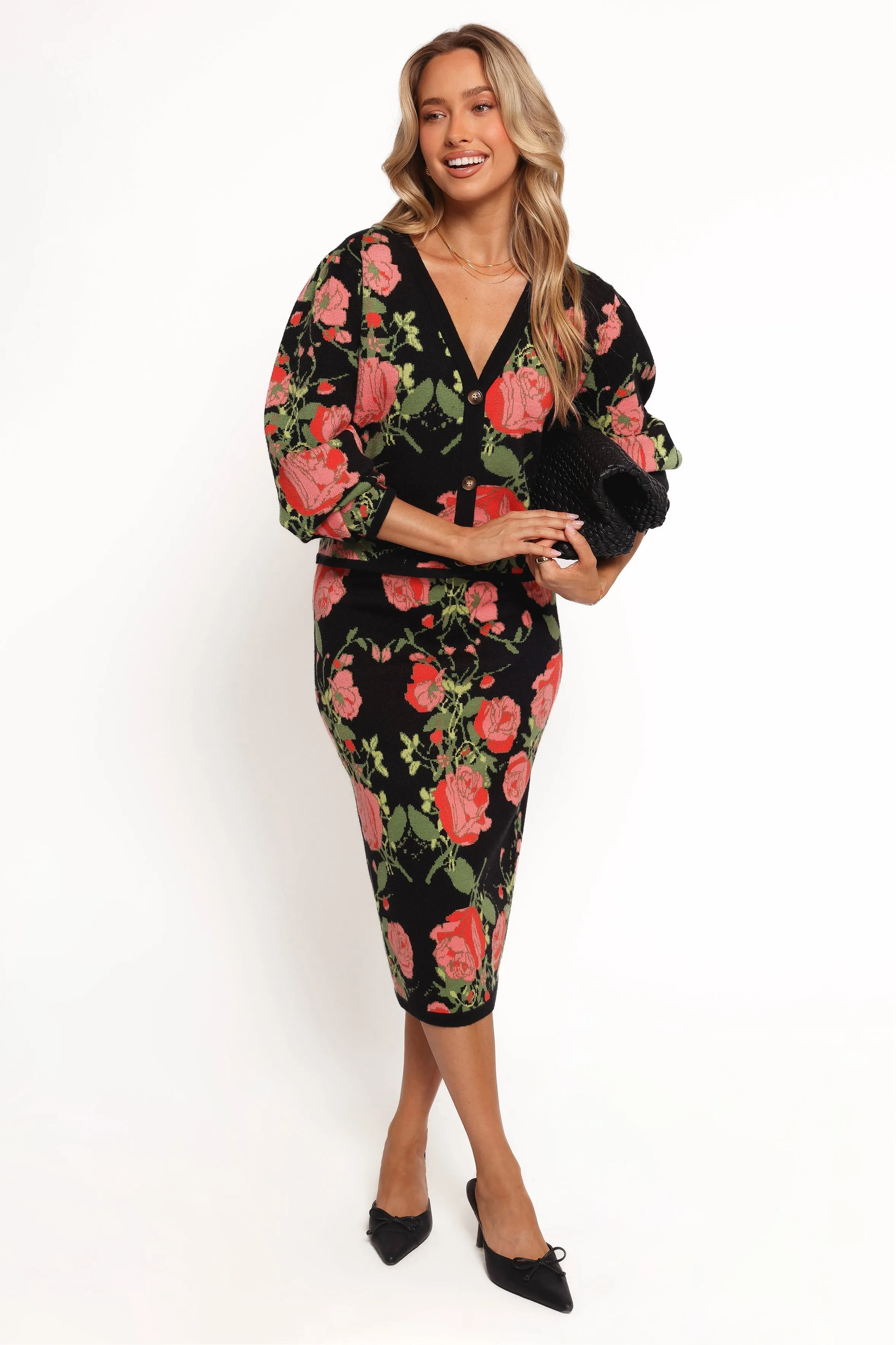 Reeva Button Front Floral Cardigan - Black Floral sold by Petal & Pup product image thumbnail 2