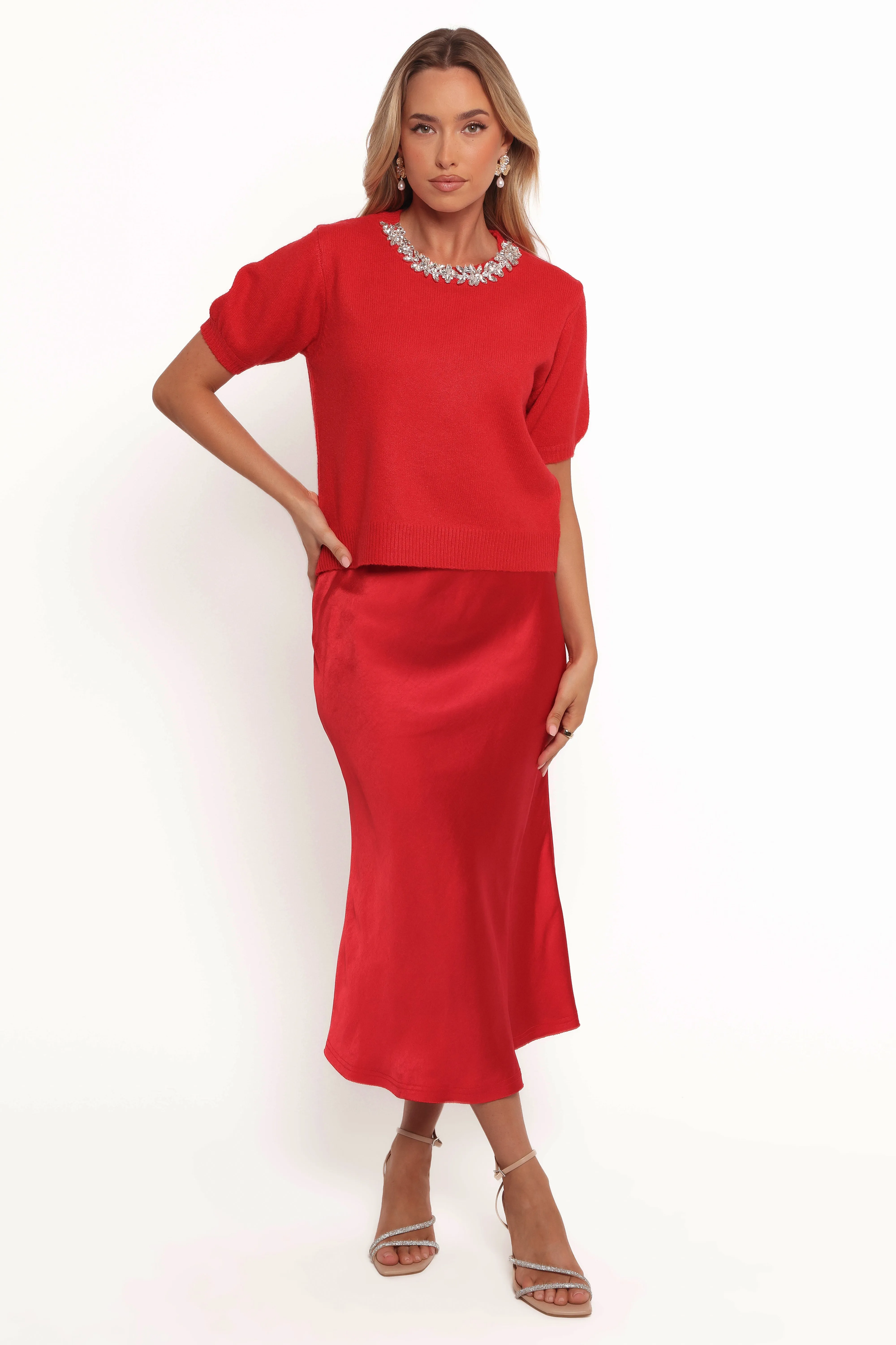 Orlana Embellished Neck Short Sleeve Sweater - Red sold by Petal & Pup product image thumbnail 3