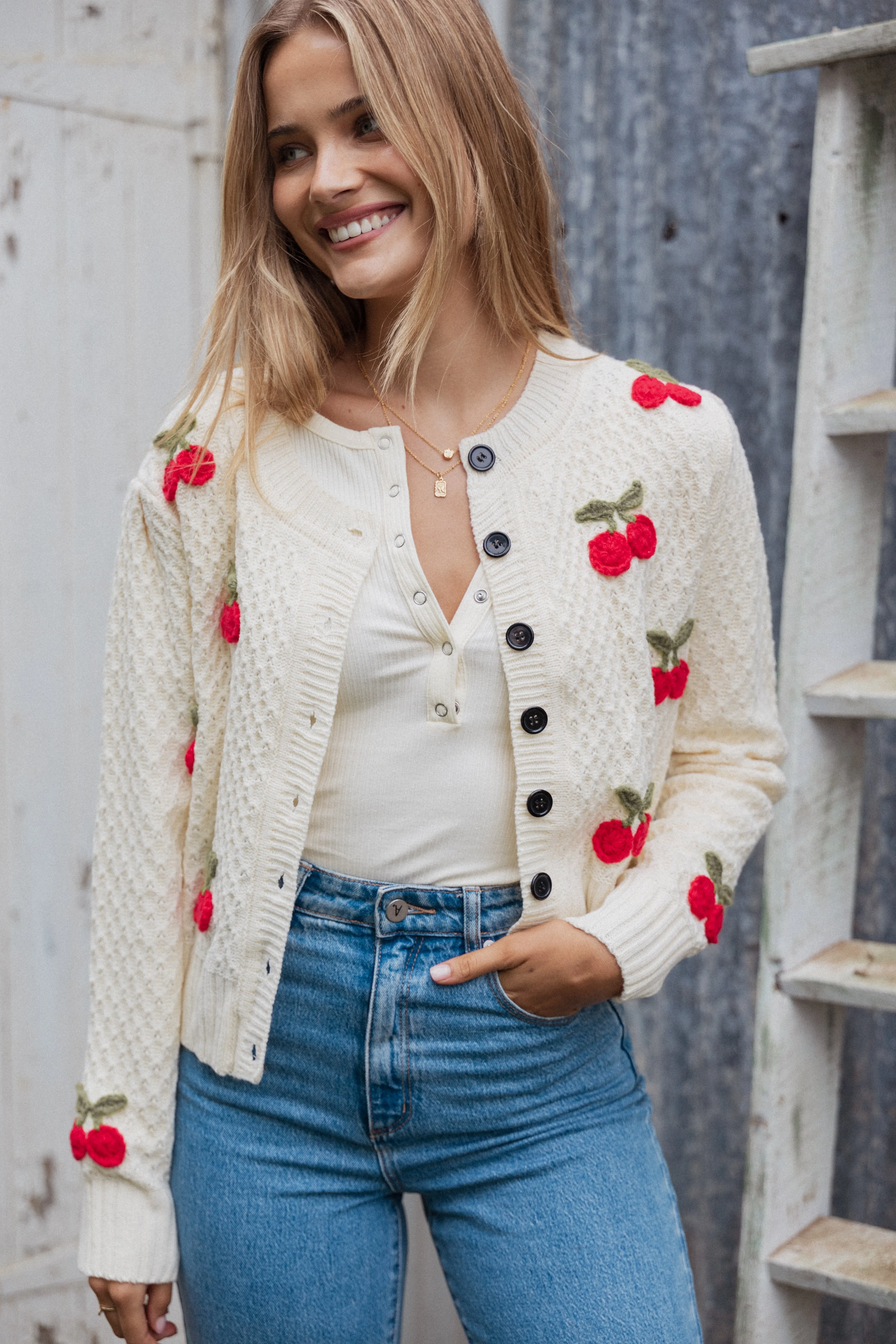 Trudie Cherry Cardigan - Cream sold by Petal & Pup