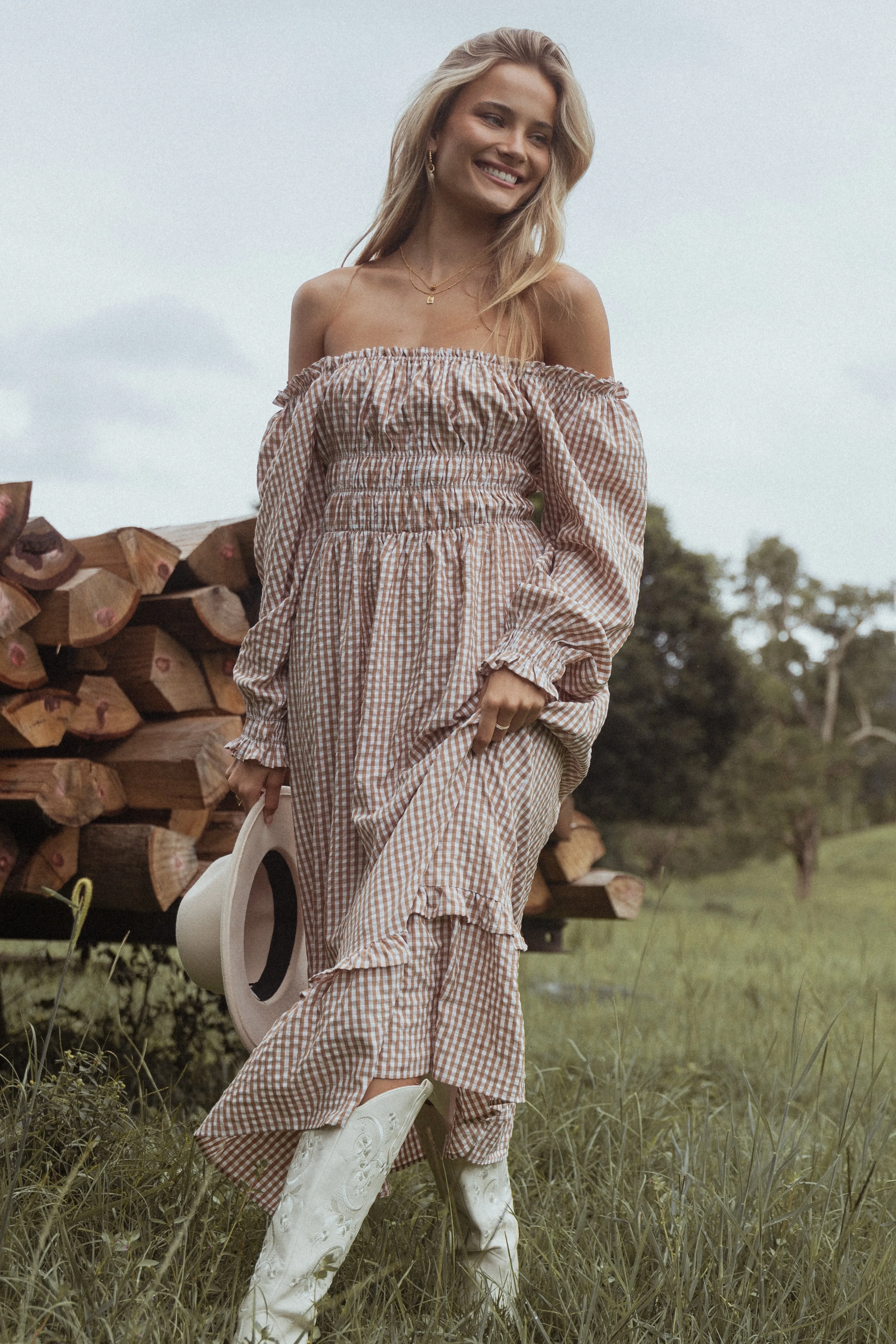 Torrie Maxi Dress - Brown Check sold by Petal & Pup