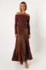 Slate Off Shoulder Pleated Midi Dress - Bronze sold by Petal & Pup