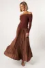 Slate Off Shoulder Pleated Midi Dress - Bronze sold by Petal & Pup