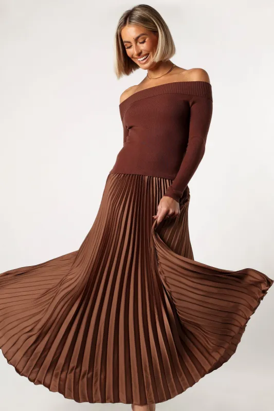 Slate Off Shoulder Pleated Midi Dress - Bronze sold by Petal & Pup